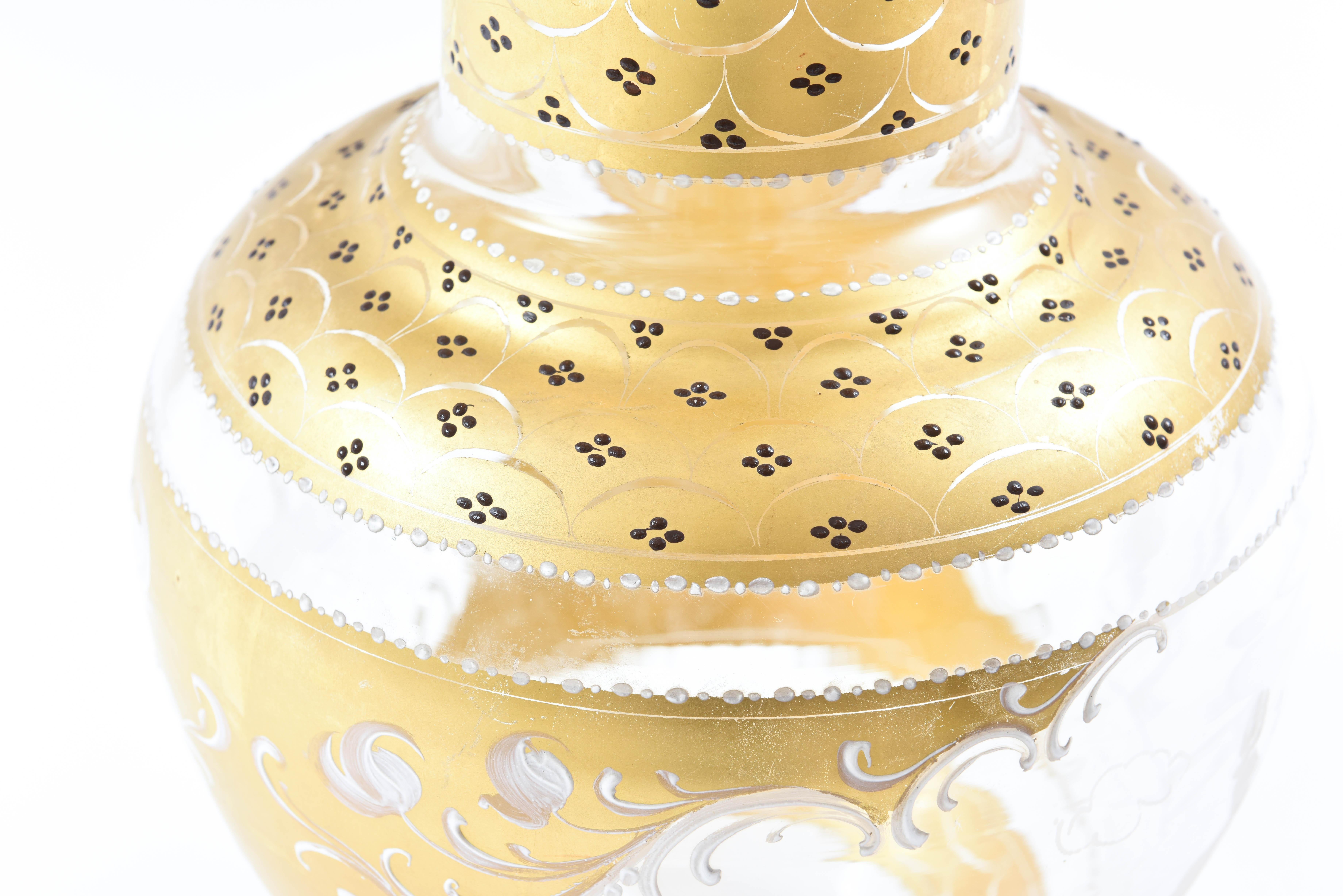 Gold Tall Impressive Venetian Glass Vase with White Enamel Detail, Hand Engraving