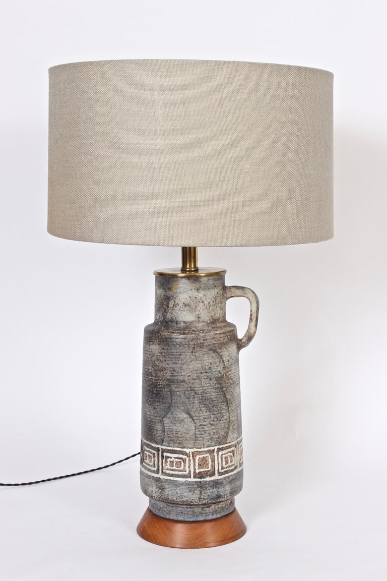 Tall Gray Mottled Art Studio Incised, Handled Ceramic Pitcher Table Lamp, 1950s For Sale 5