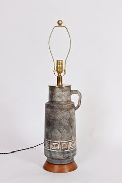 Tall Handled Pitcher & Greek Key Incised Gray Pottery Table Lamp, 1950s