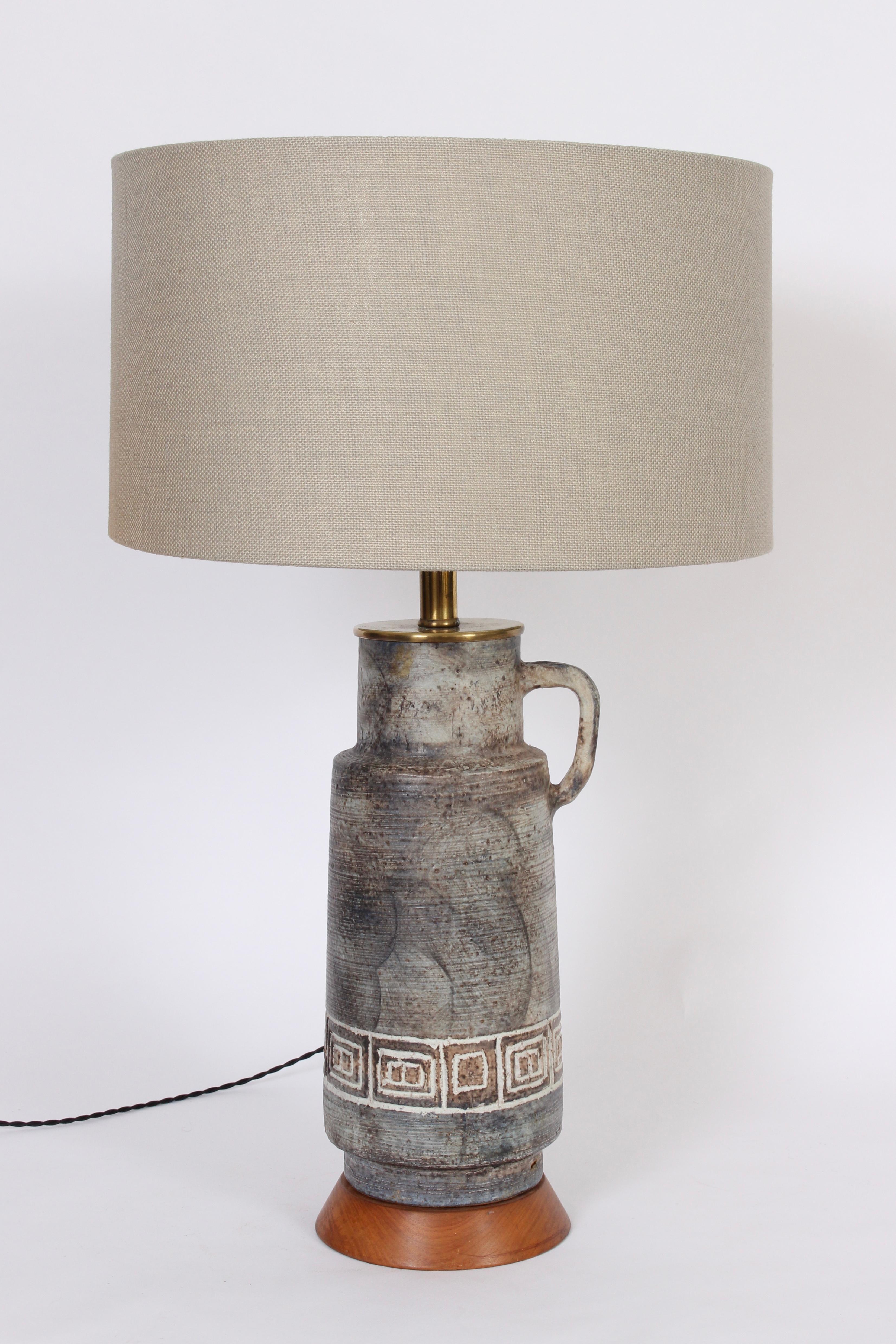 Mid-Century Modern Tall Handled Pitcher & Greek Key Incised Gray Pottery Table Lamp, 1950s For Sale