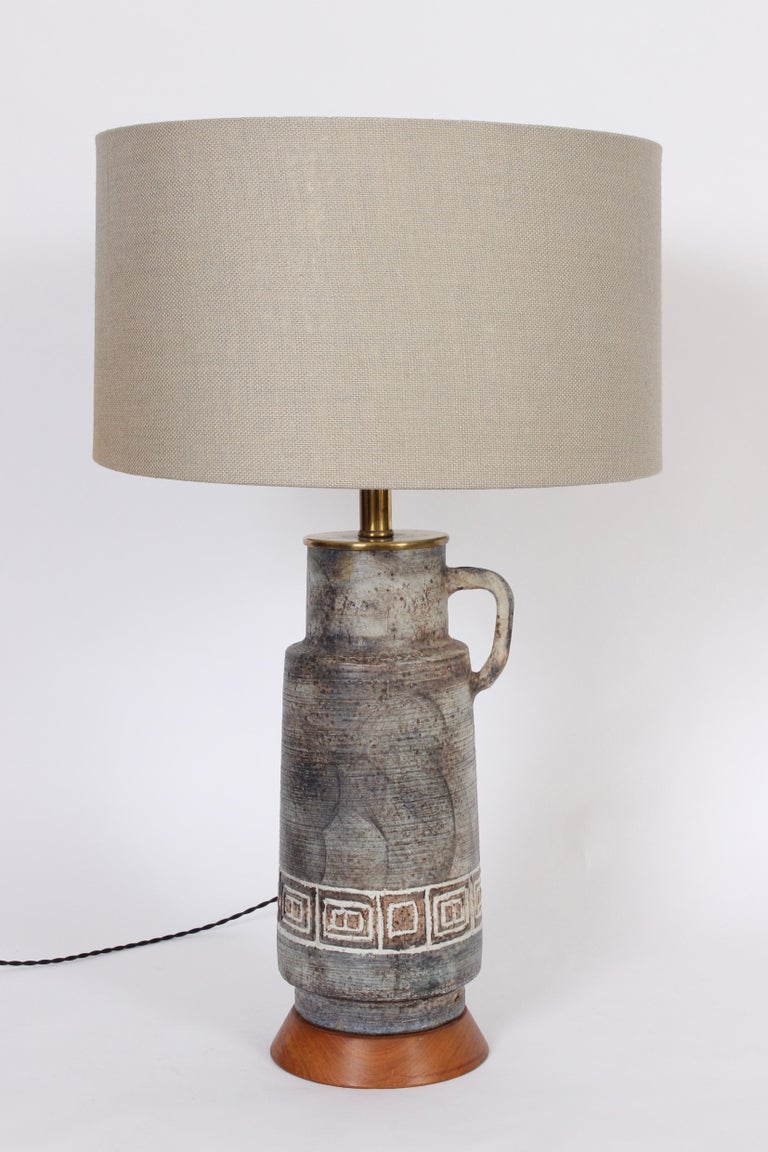 Unknown Tall Gray Mottled Art Studio Incised, Handled Ceramic Pitcher Table Lamp, 1950s For Sale