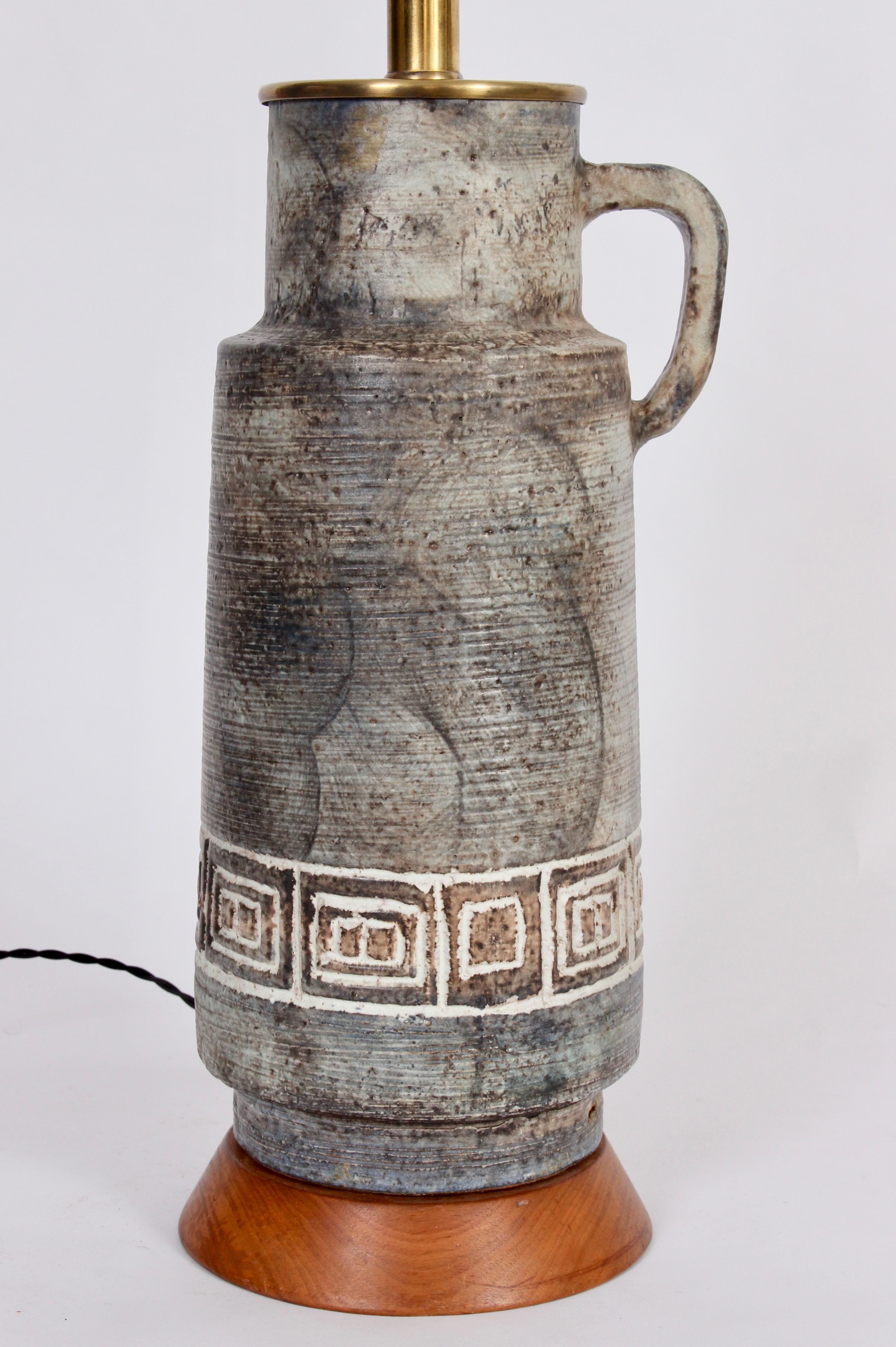 Unknown Tall Handled Pitcher & Greek Key Incised Gray Pottery Table Lamp, 1950s For Sale