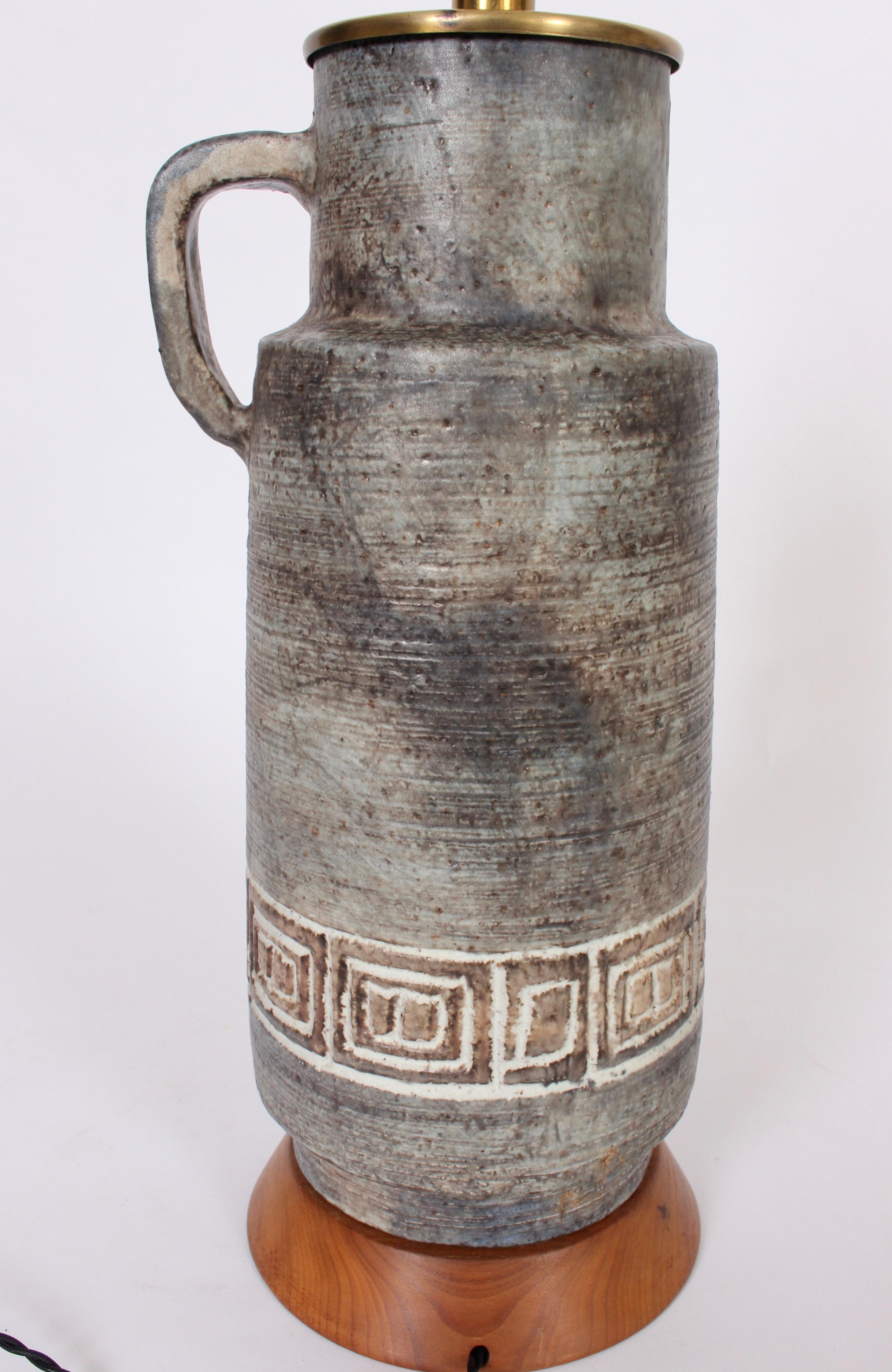 Glazed Tall Handled Pitcher & Greek Key Incised Gray Pottery Table Lamp, 1950s For Sale