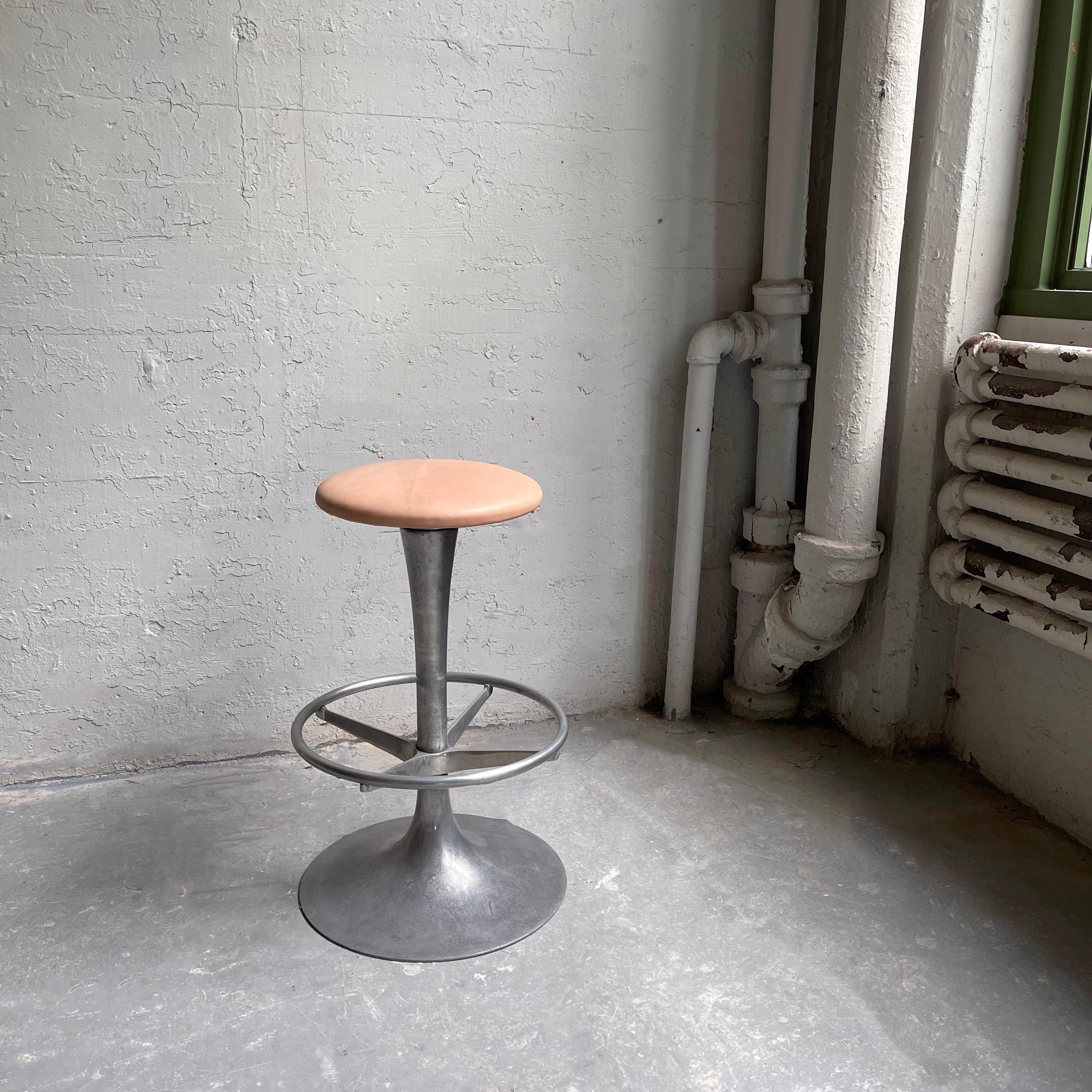 North American Tall Industrial Brushed Aluminum and Leather Pedestal Stool For Sale