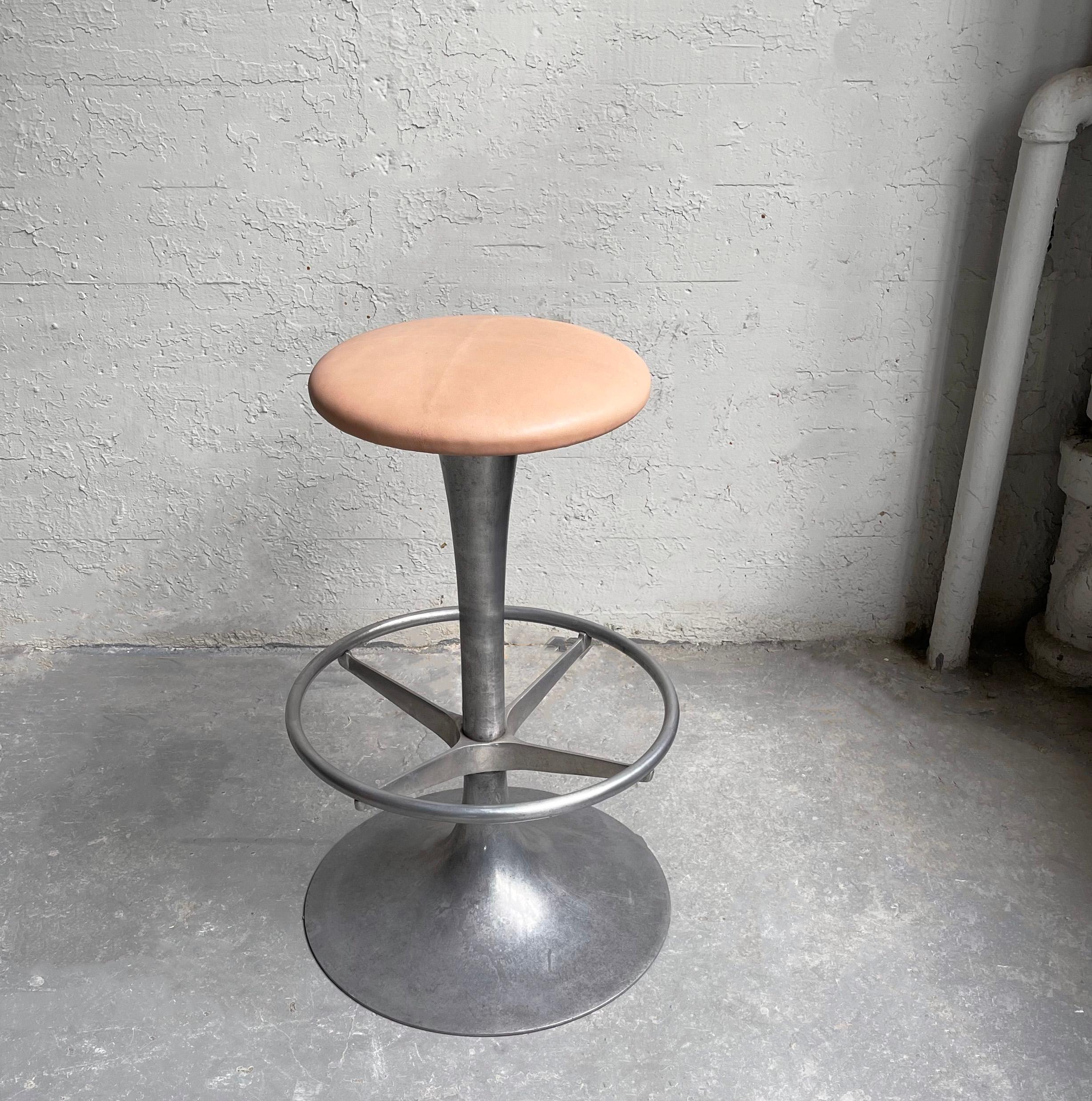 Tall Industrial Brushed Aluminum and Leather Pedestal Stool In Good Condition For Sale In Brooklyn, NY