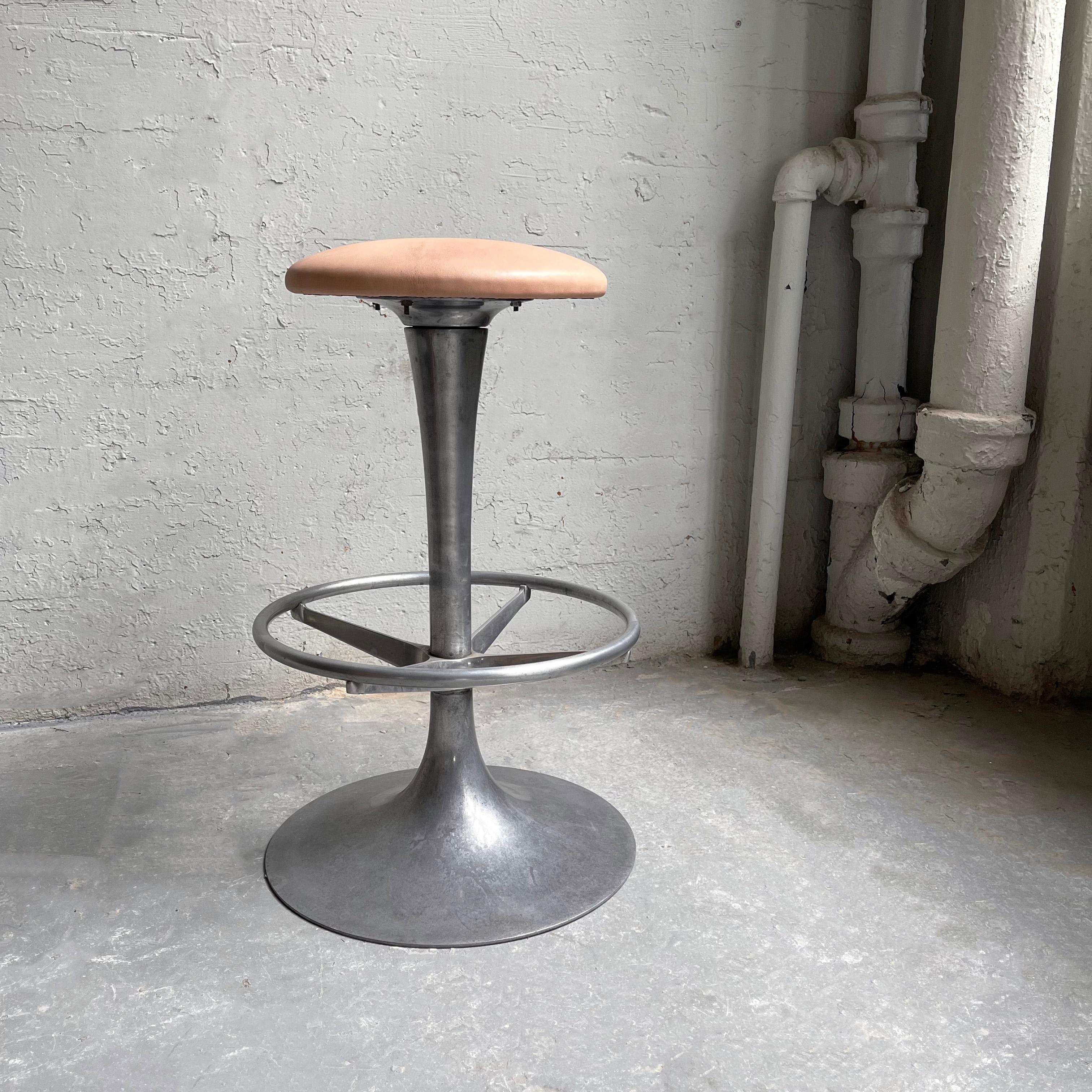 20th Century Tall Industrial Brushed Aluminum and Leather Pedestal Stool For Sale