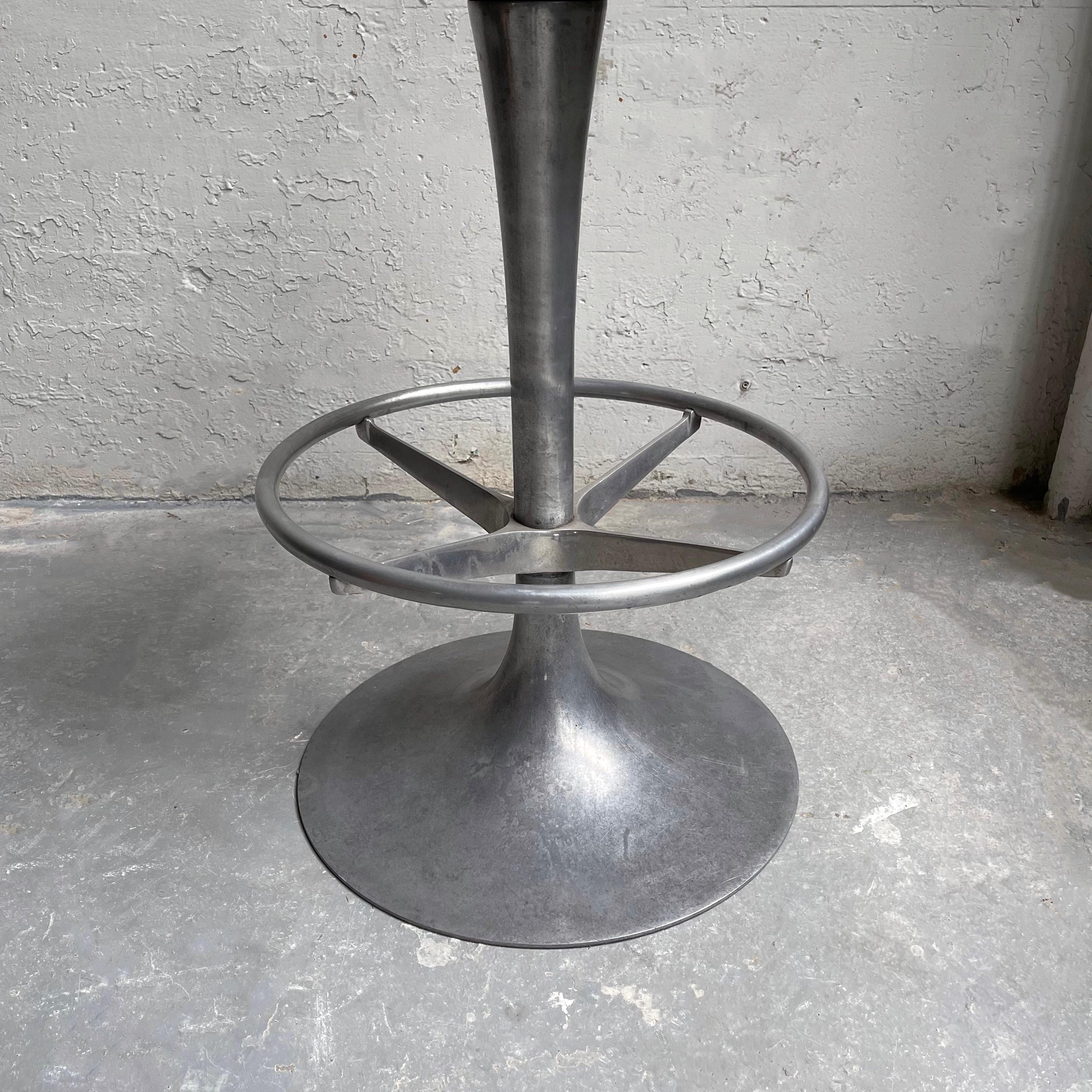 Tall Industrial Brushed Aluminum and Leather Pedestal Stool For Sale 1