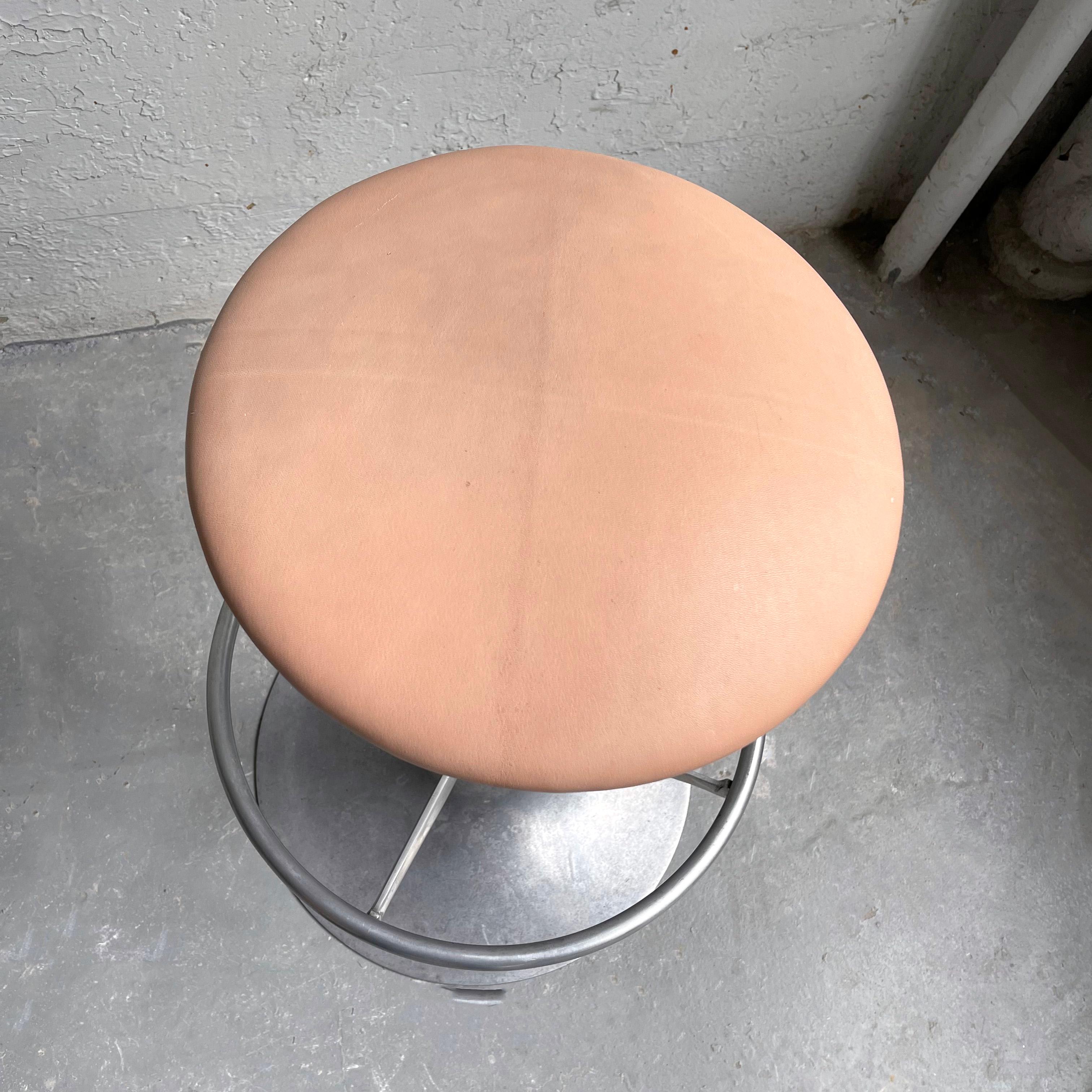 Tall Industrial Brushed Aluminum and Leather Pedestal Stool For Sale 2