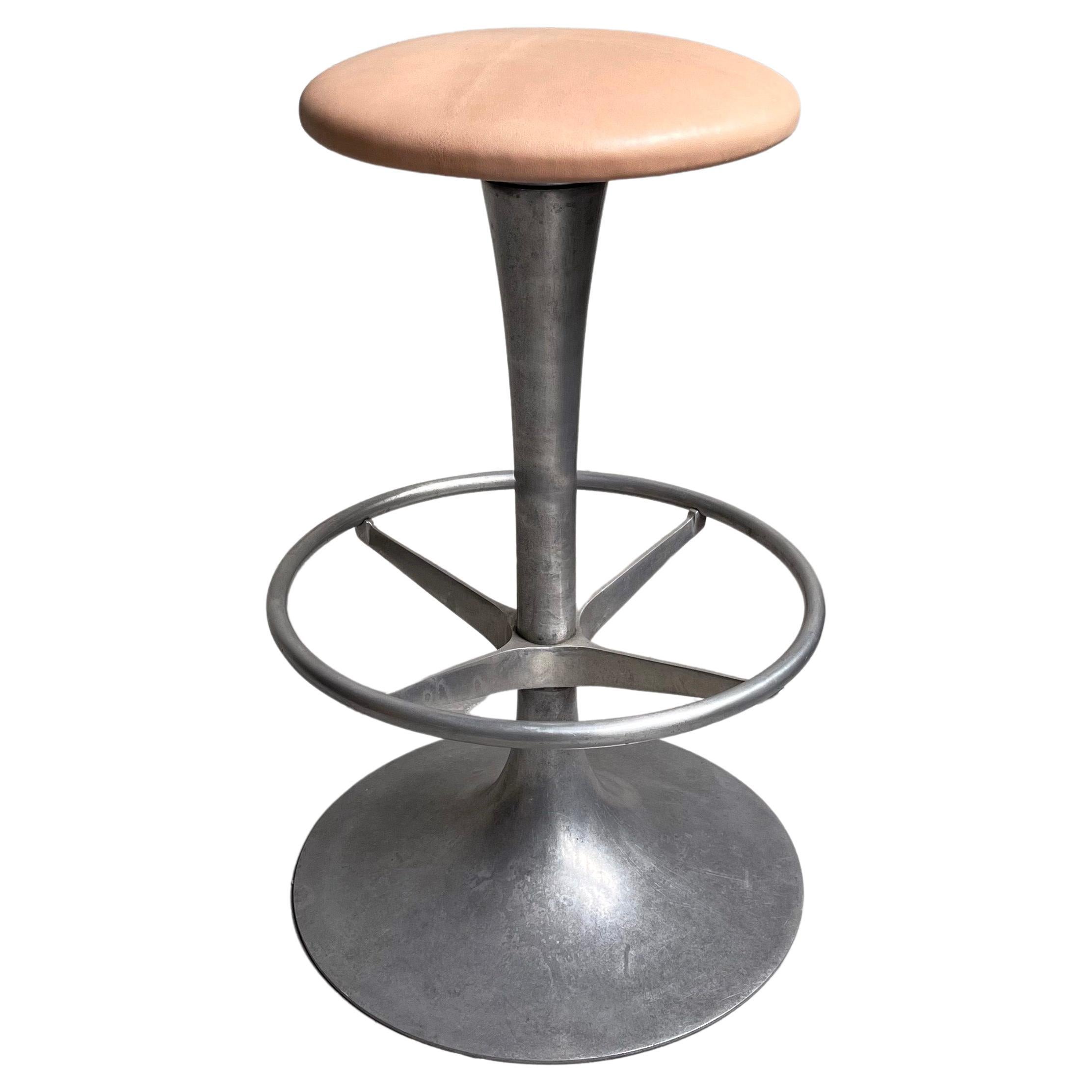 Tall Industrial Brushed Aluminum and Leather Pedestal Stool