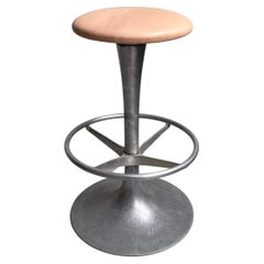 Tall Industrial Brushed Aluminum and Leather Pedestal Stool