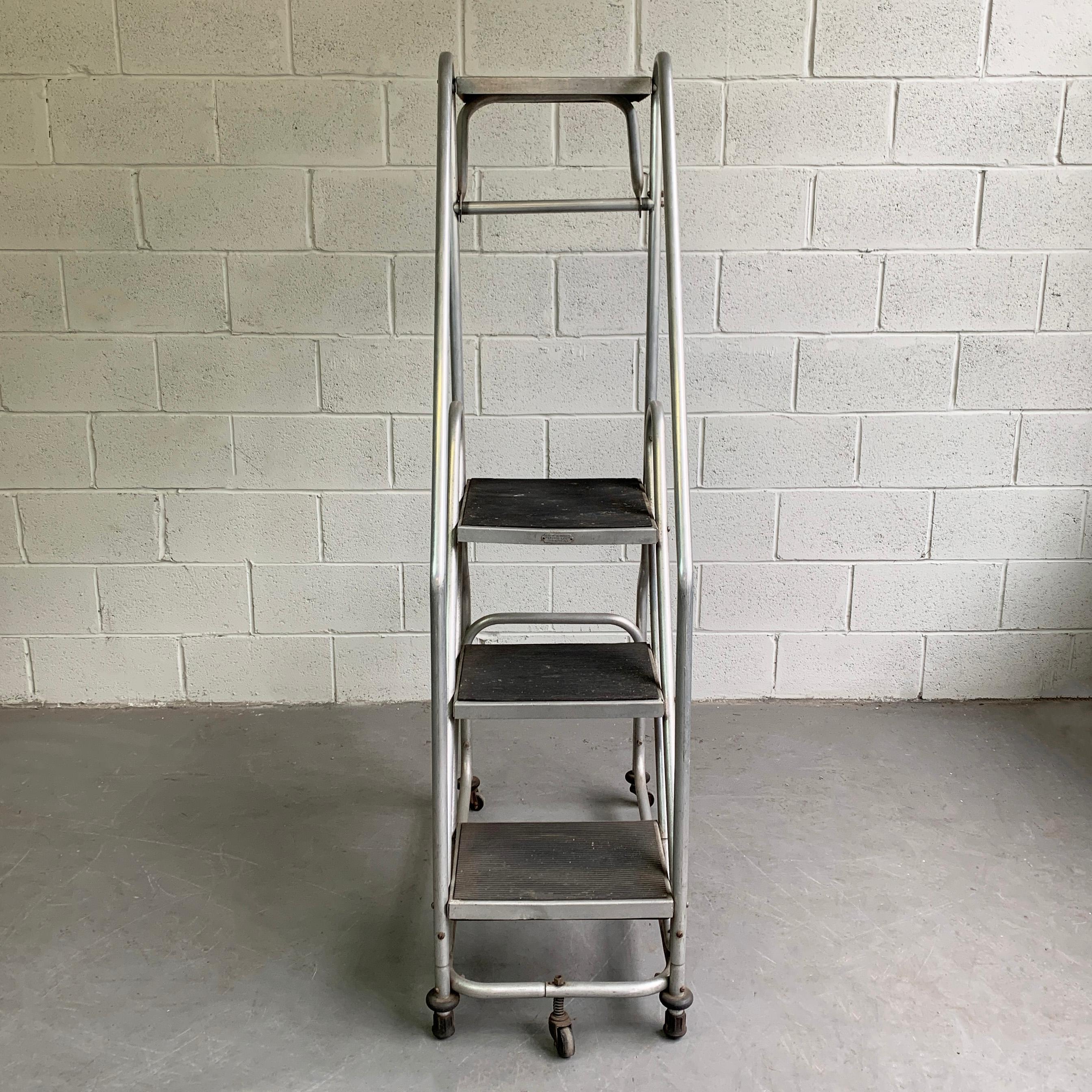 American Tall Industrial Machine-Age Rolling Aluminum Ladder