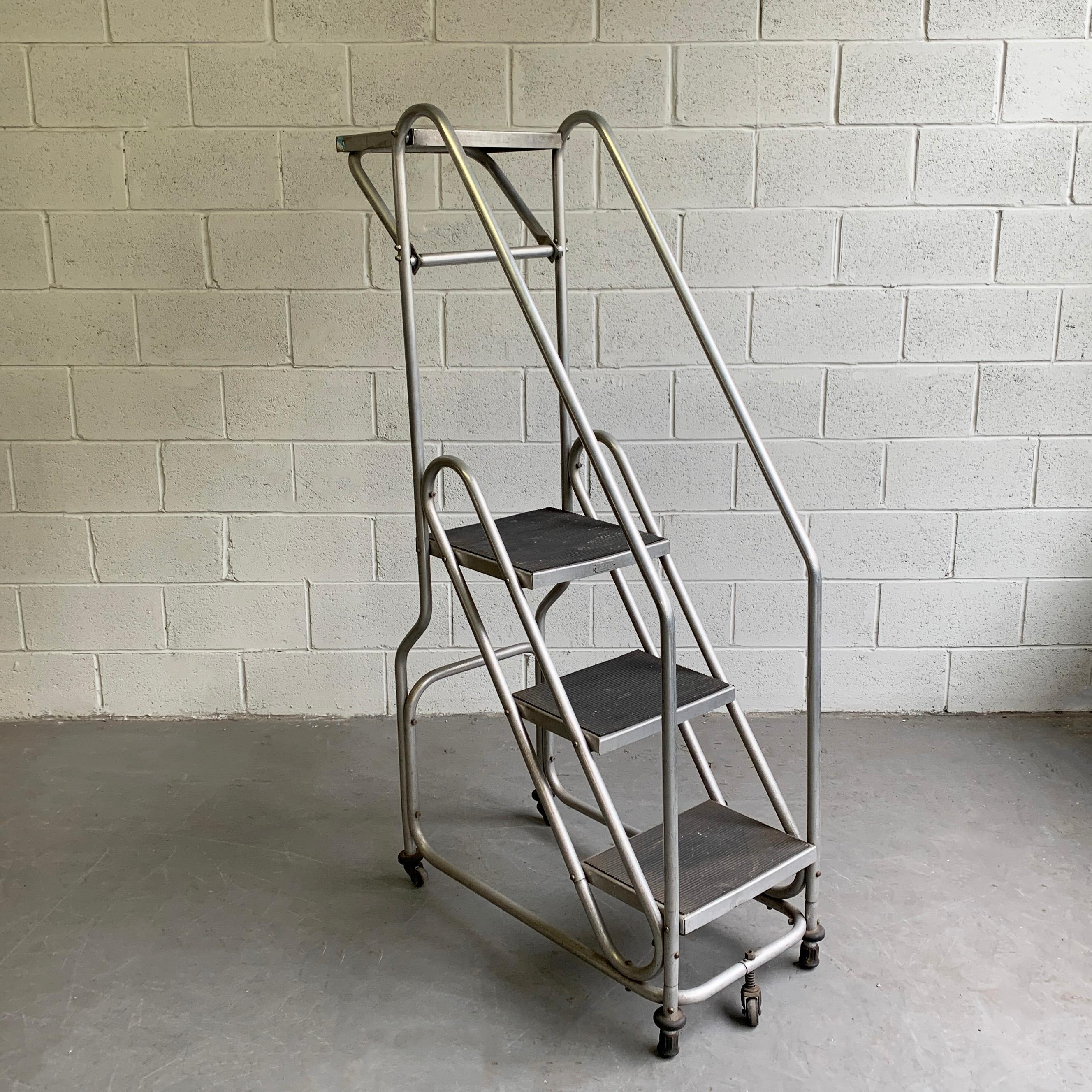 Tall Industrial Machine-Age Rolling Aluminum Ladder In Good Condition In Brooklyn, NY