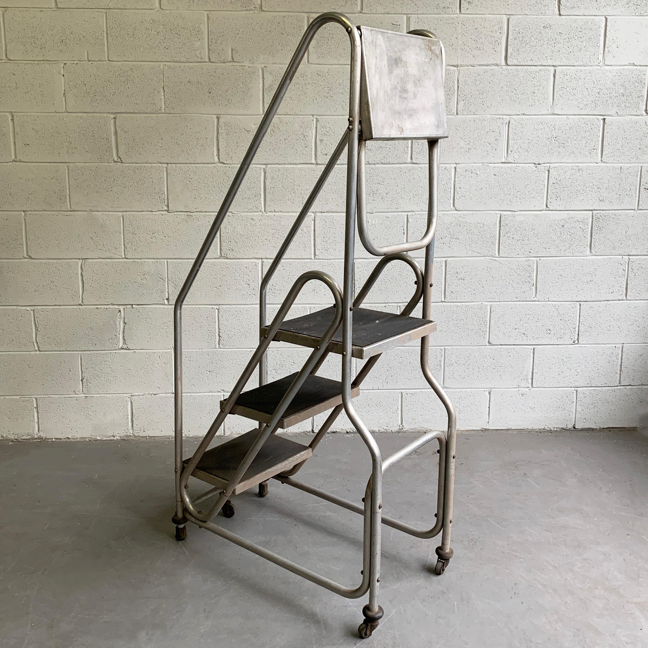Tall Industrial Machine-Age Rolling Aluminum Ladder 1
