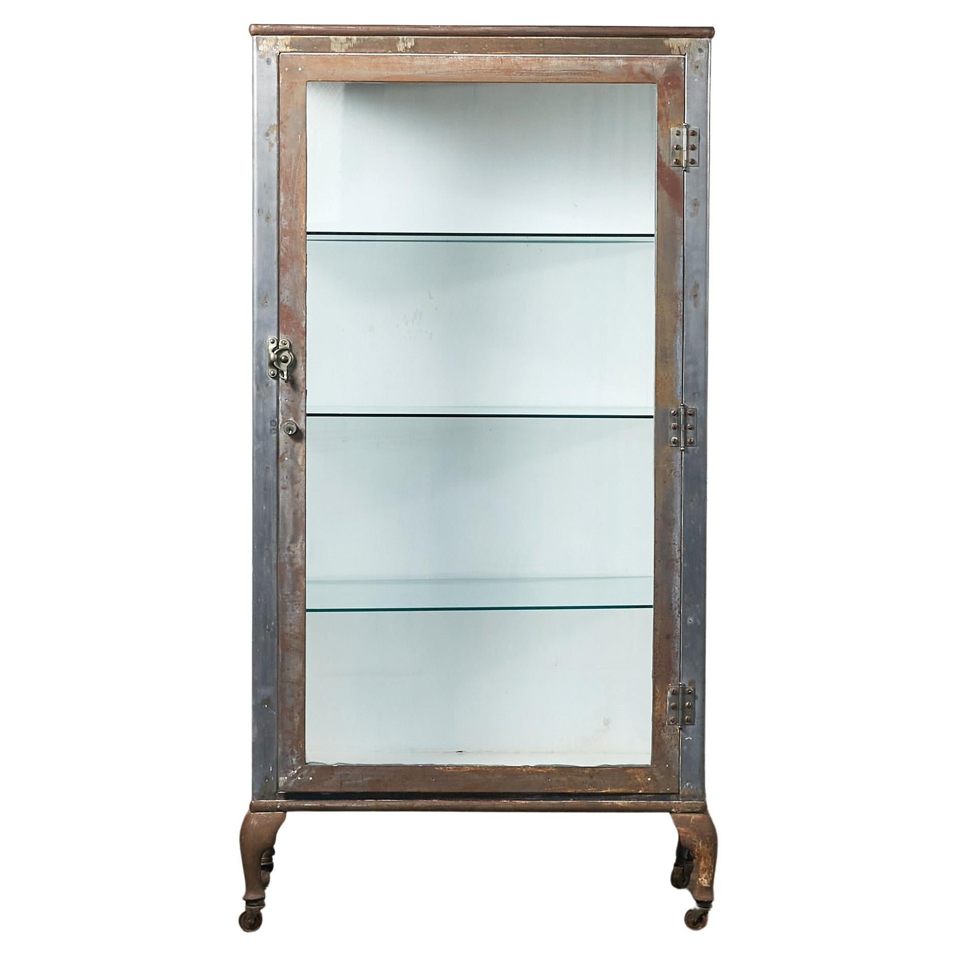 Tall Industrial Medicine Cabinet Metal Frame and Glass Shelves