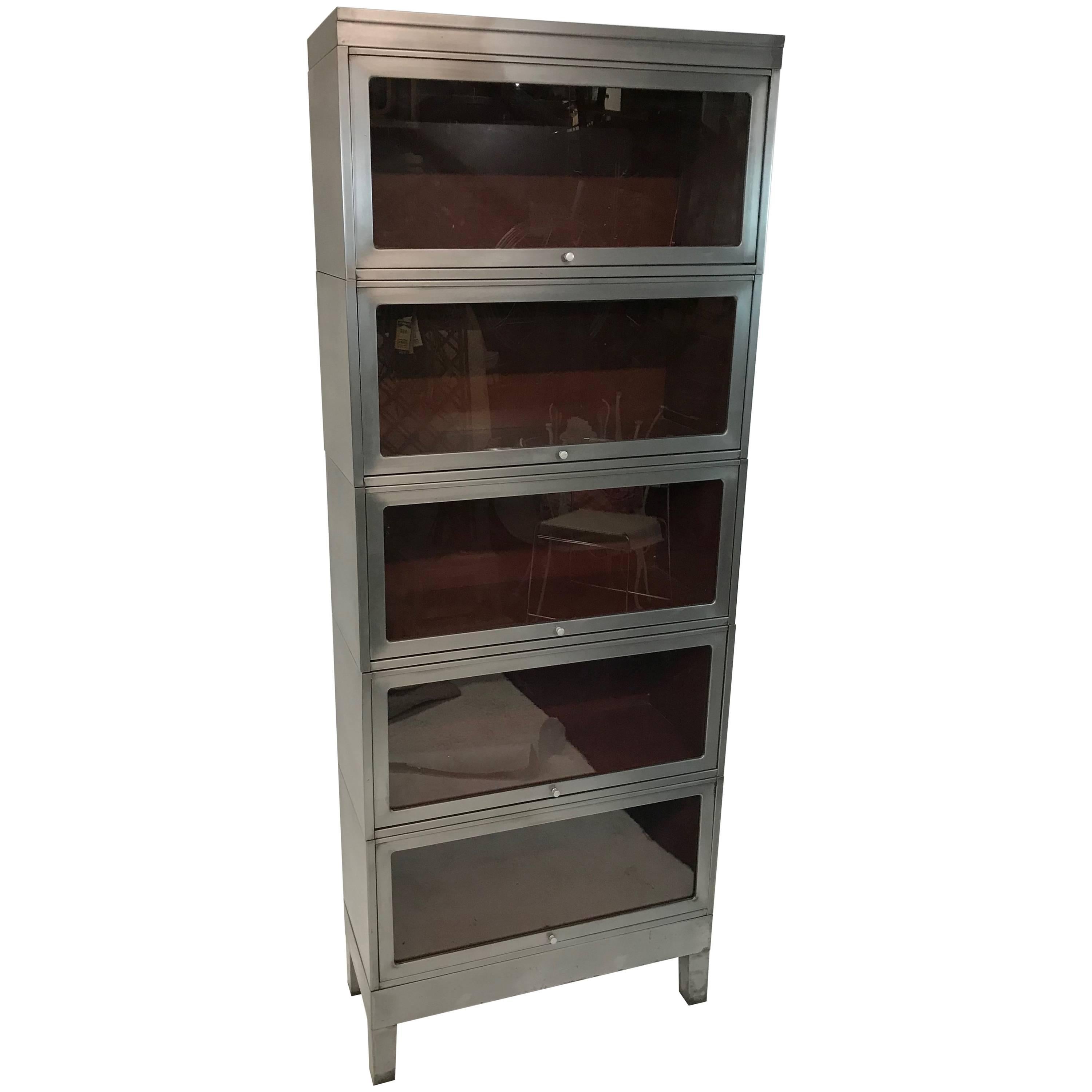 Tall Industrial Mid Century Six Stack Brushed Steel Barrister Bookcase For Sale