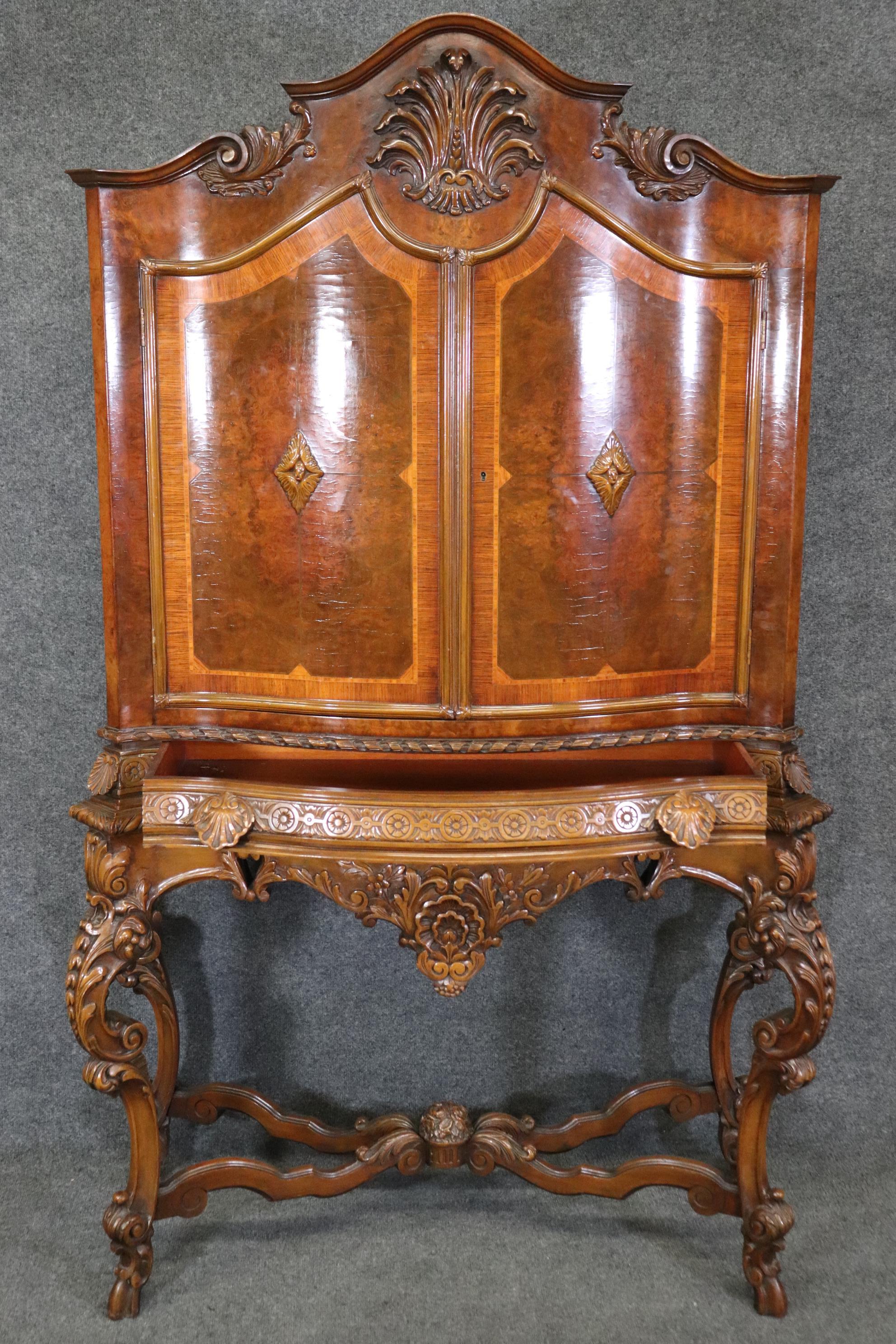 Tall Inlaid Carved Walnut French Louis XV China Cabinet Bar Circa 1920 For Sale 10