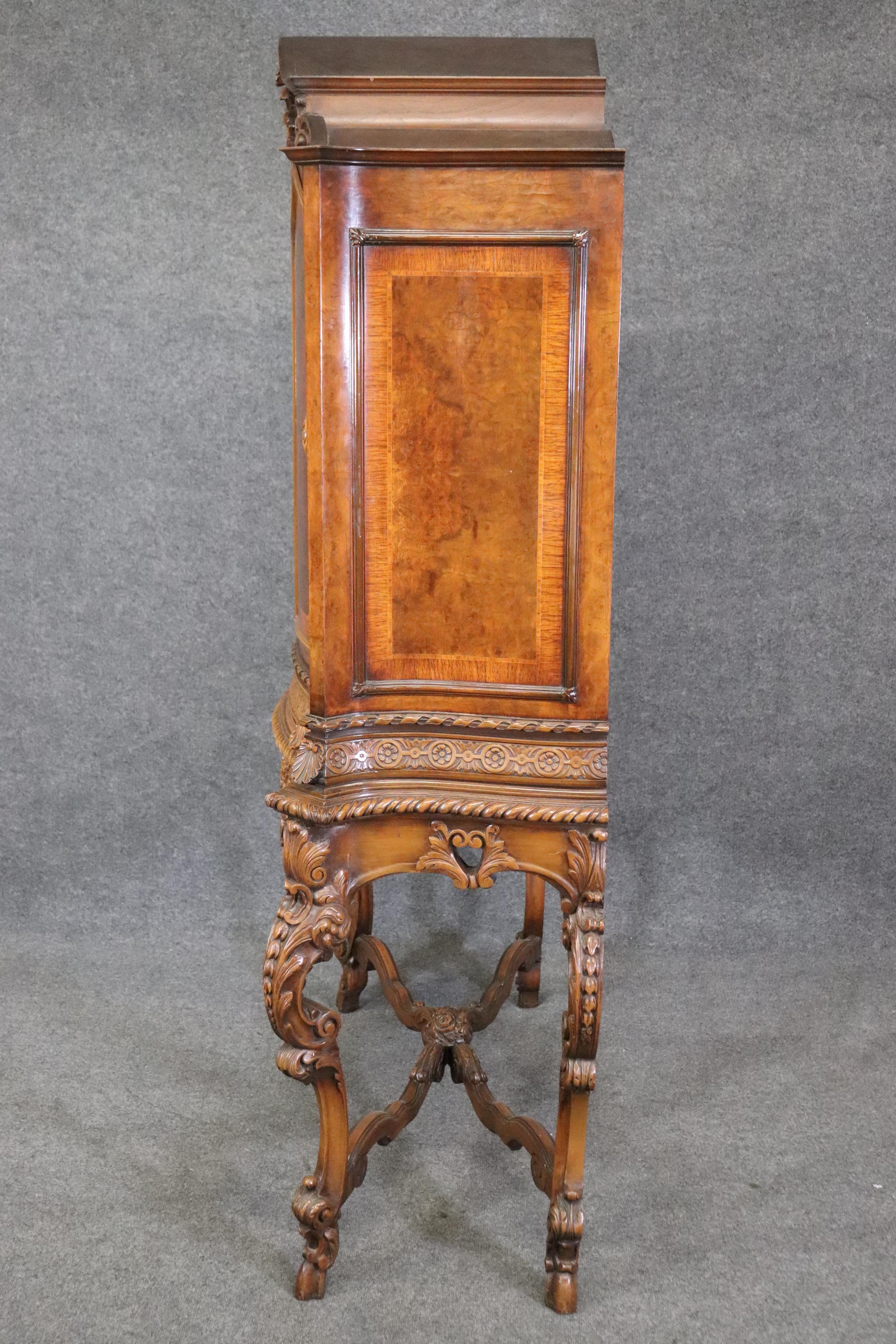 Tall Inlaid Carved Walnut French Louis XV China Cabinet Bar Circa 1920 For Sale 11