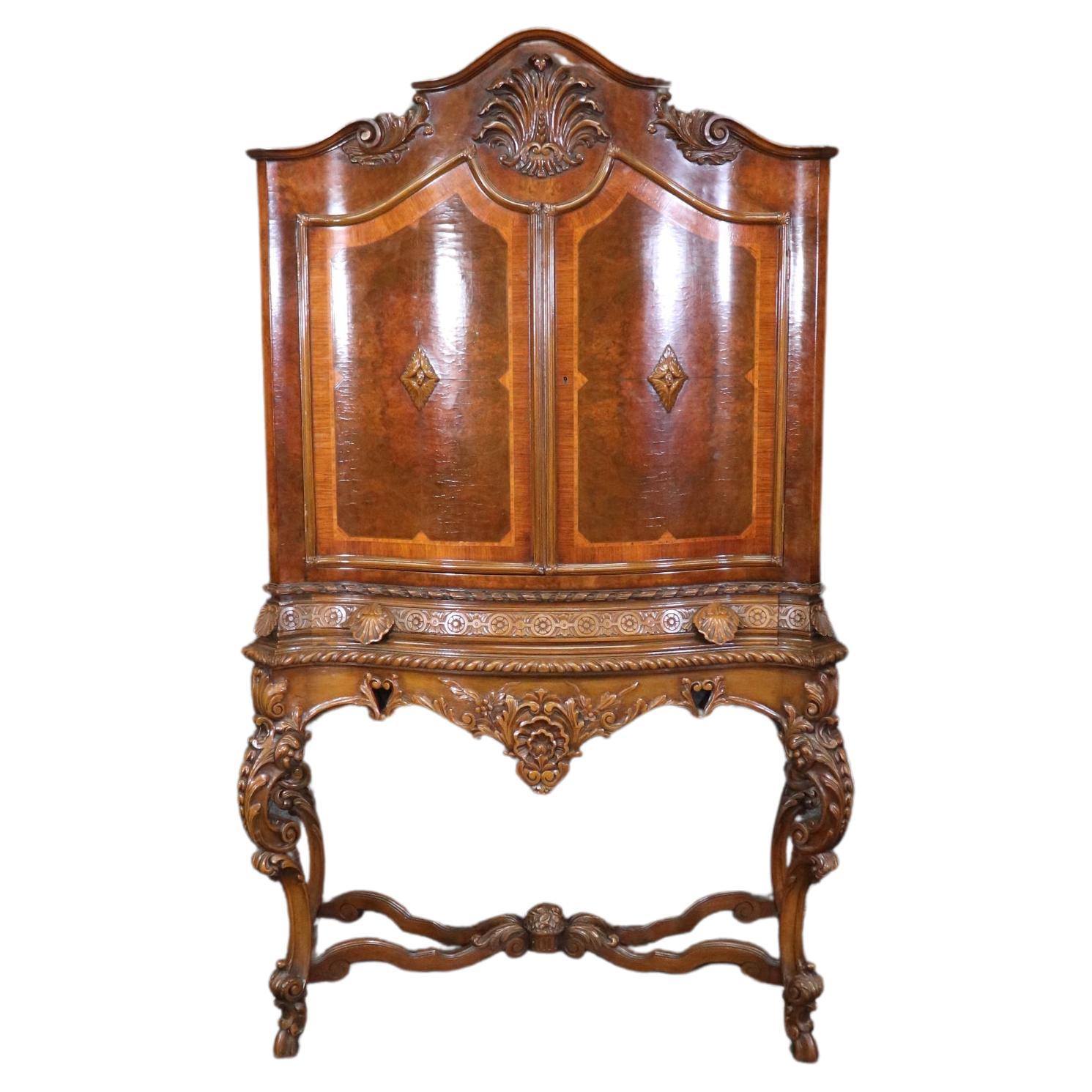 Tall Inlaid Carved Walnut French Louis XV China Cabinet Bar Circa 1920 For Sale