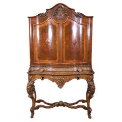 Tall Inlaid Carved Walnut French Louis XV China Cabinet Bar Circa 1920