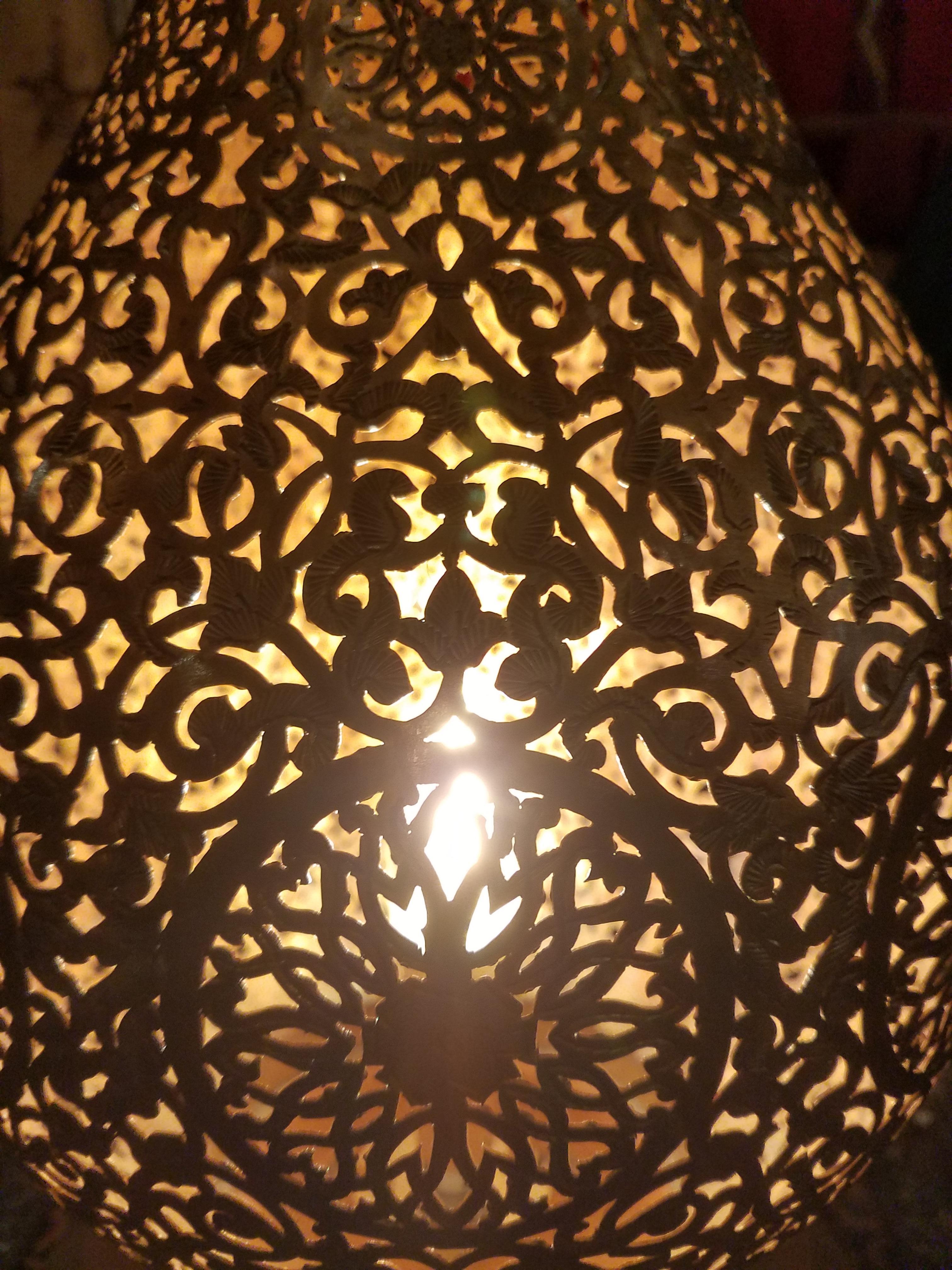 Hammered Tall Intricate Moroccan Copper Lamp or Lantern, Table Lamp For Sale