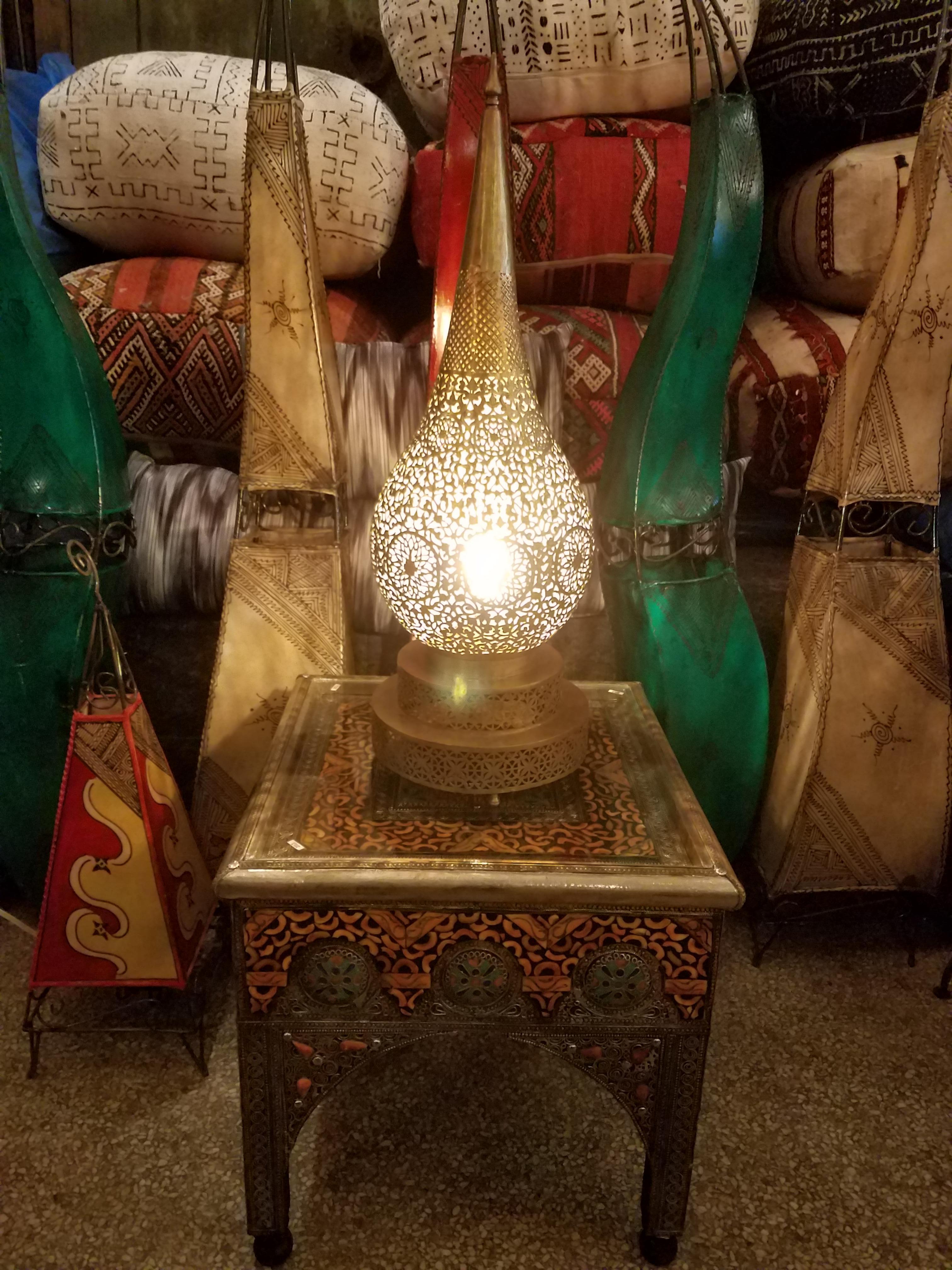 Contemporary Tall Intricate Moroccan Copper Lamp or Lantern, Table Lamp For Sale