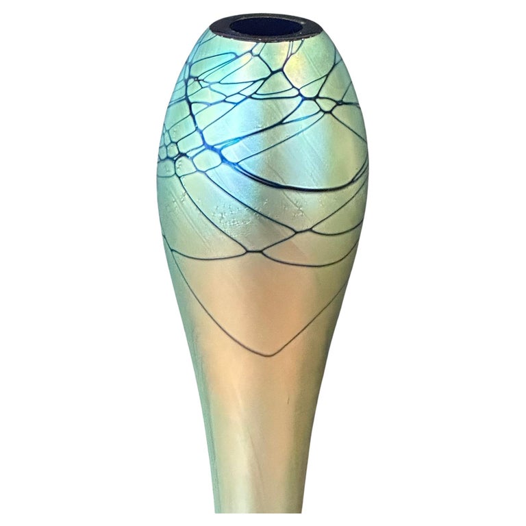 Tall Iridescent Art Glass Bud Vase by Steven Maslach For Sale at