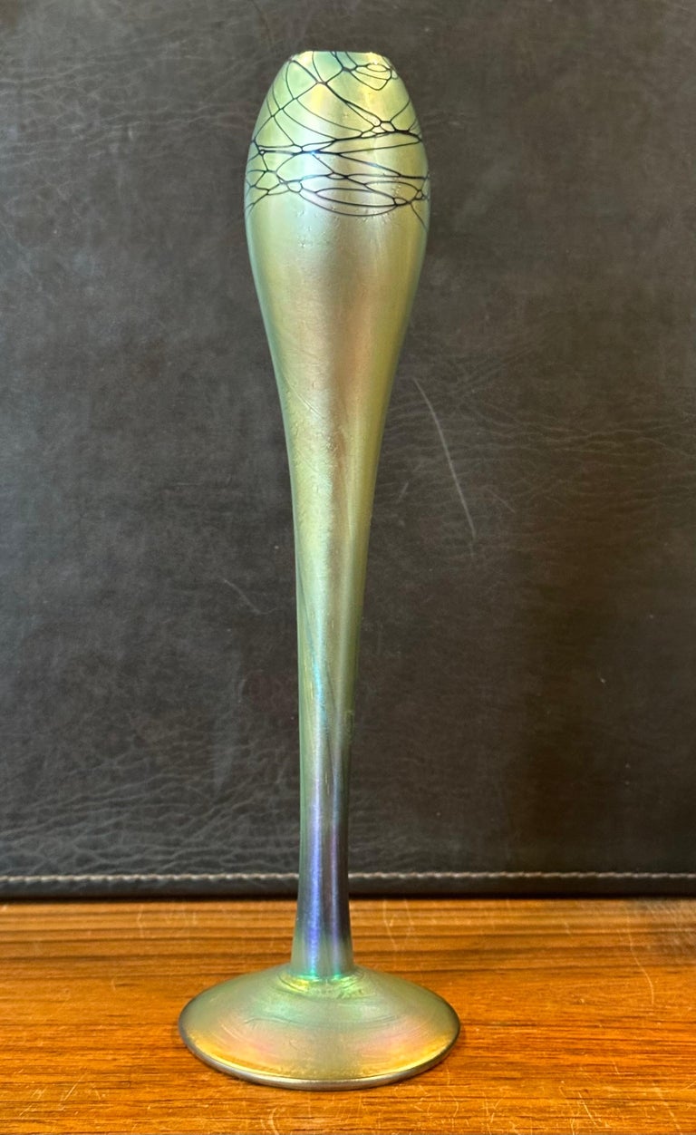 Tall Iridescent Art Glass Bud Vase by Steven Maslach For Sale at 