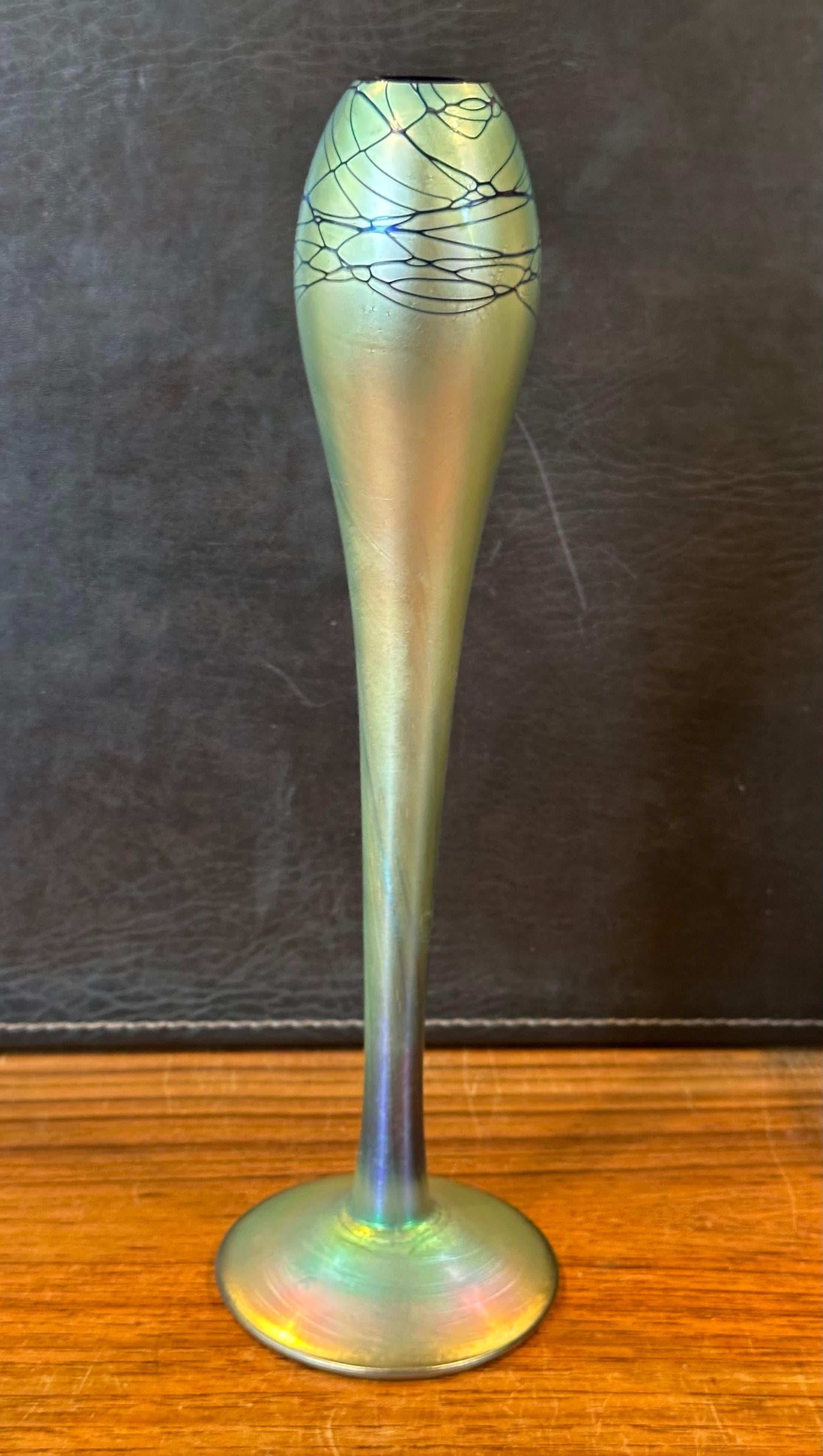 Tall Iridescent Art Glass Bud Vase by Steven Maslach In Good Condition For Sale In San Diego, CA