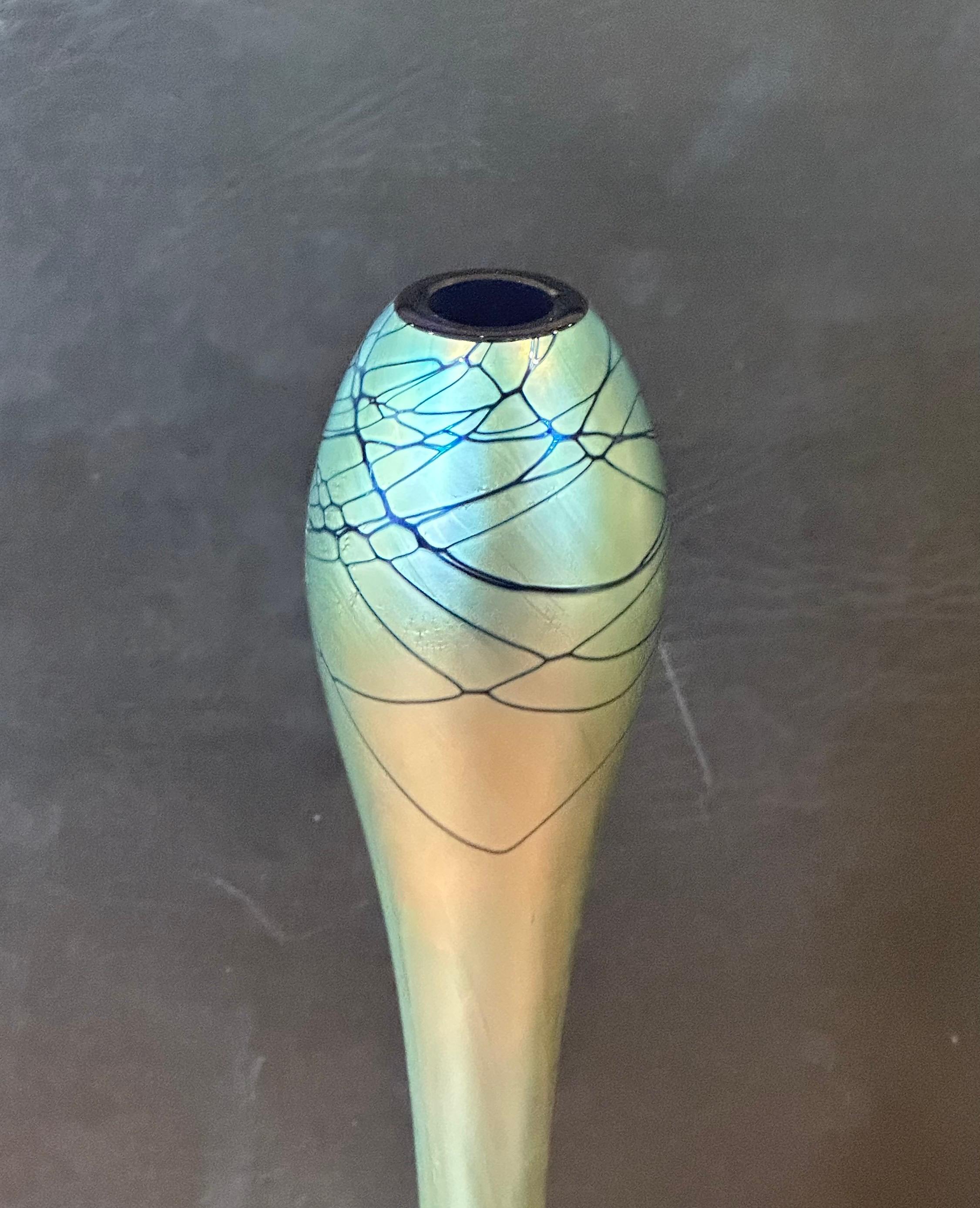 Tall Iridescent Art Glass Bud Vase by Steven Maslach For Sale 1
