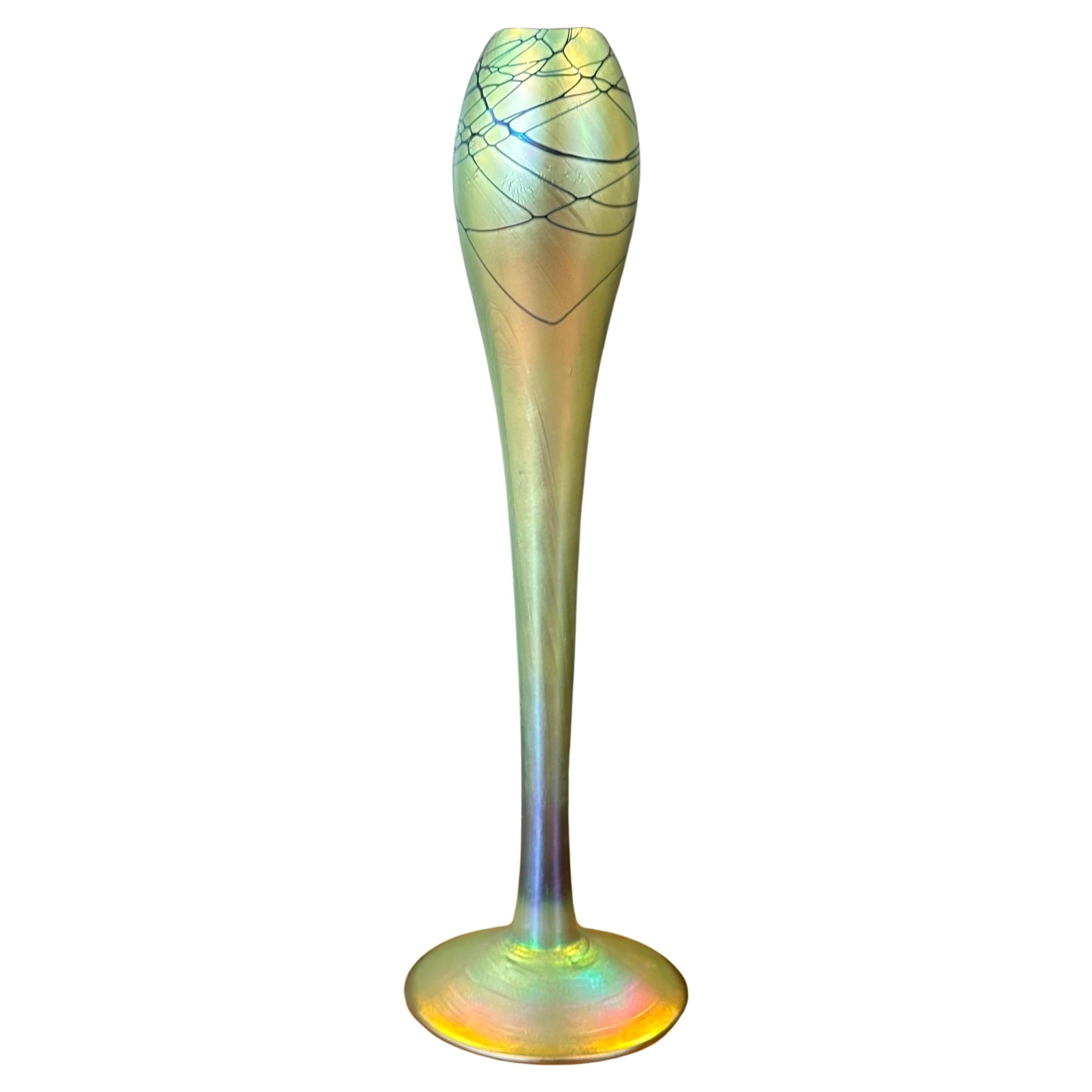Tall Iridescent Art Glass Bud Vase by Steven Maslach For Sale