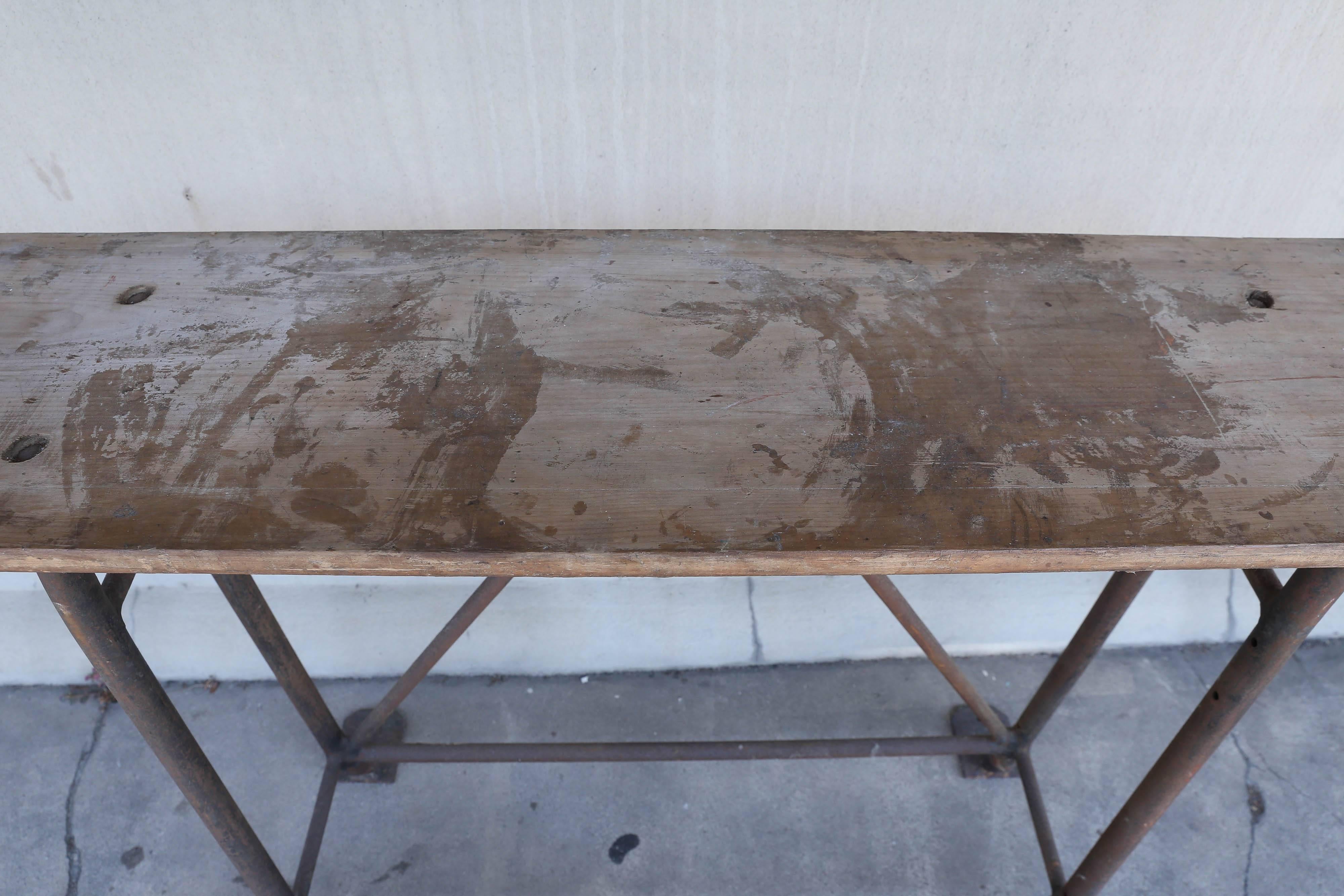 Tall Iron and Wood Industrial Console, circa 1900 Found in France In Distressed Condition In Houston, TX