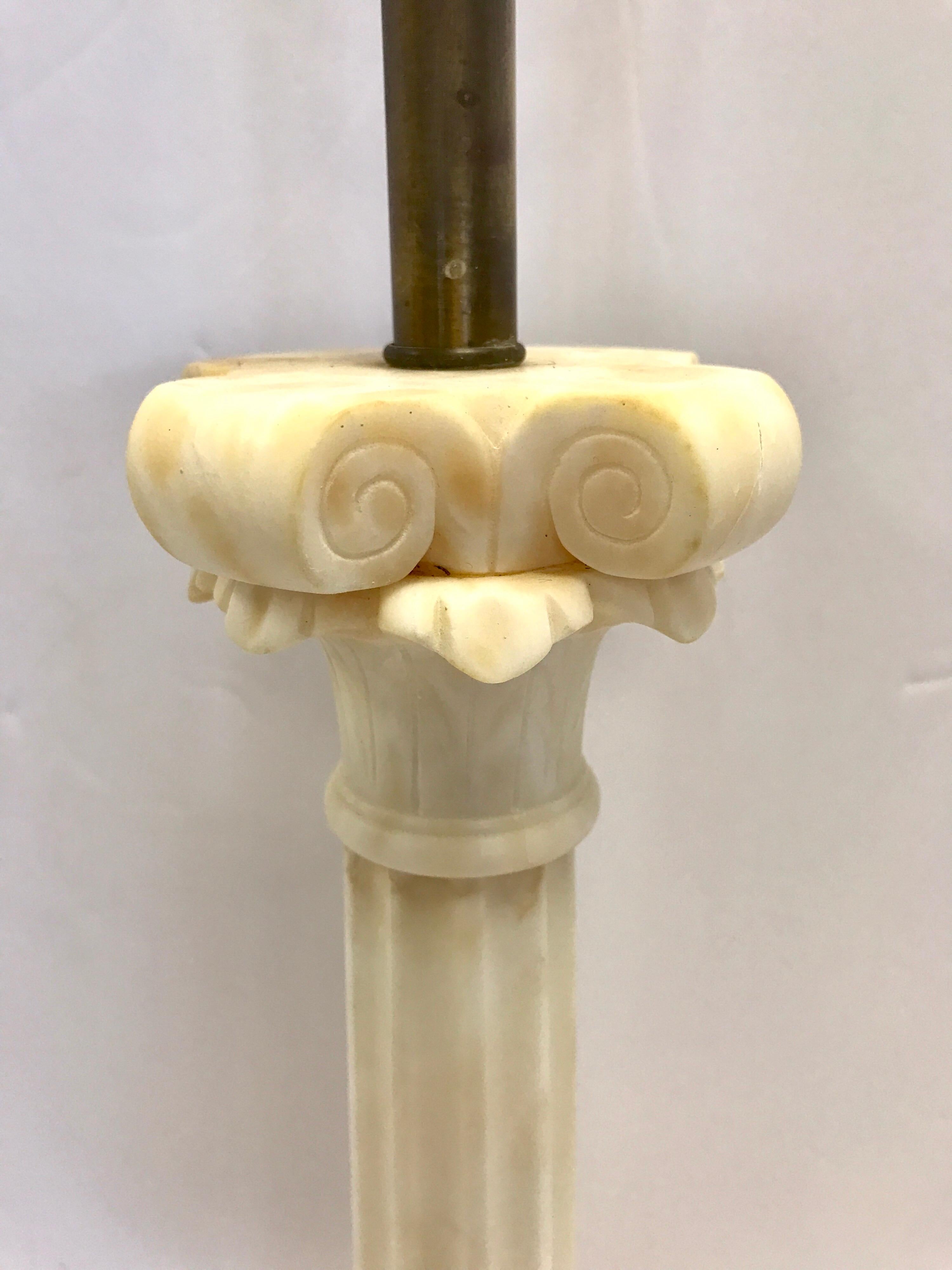Tall alabaster column table lamp with alabaster finial. Made in Italy. 29 inches to top of socket. Wired for US and in working condition.