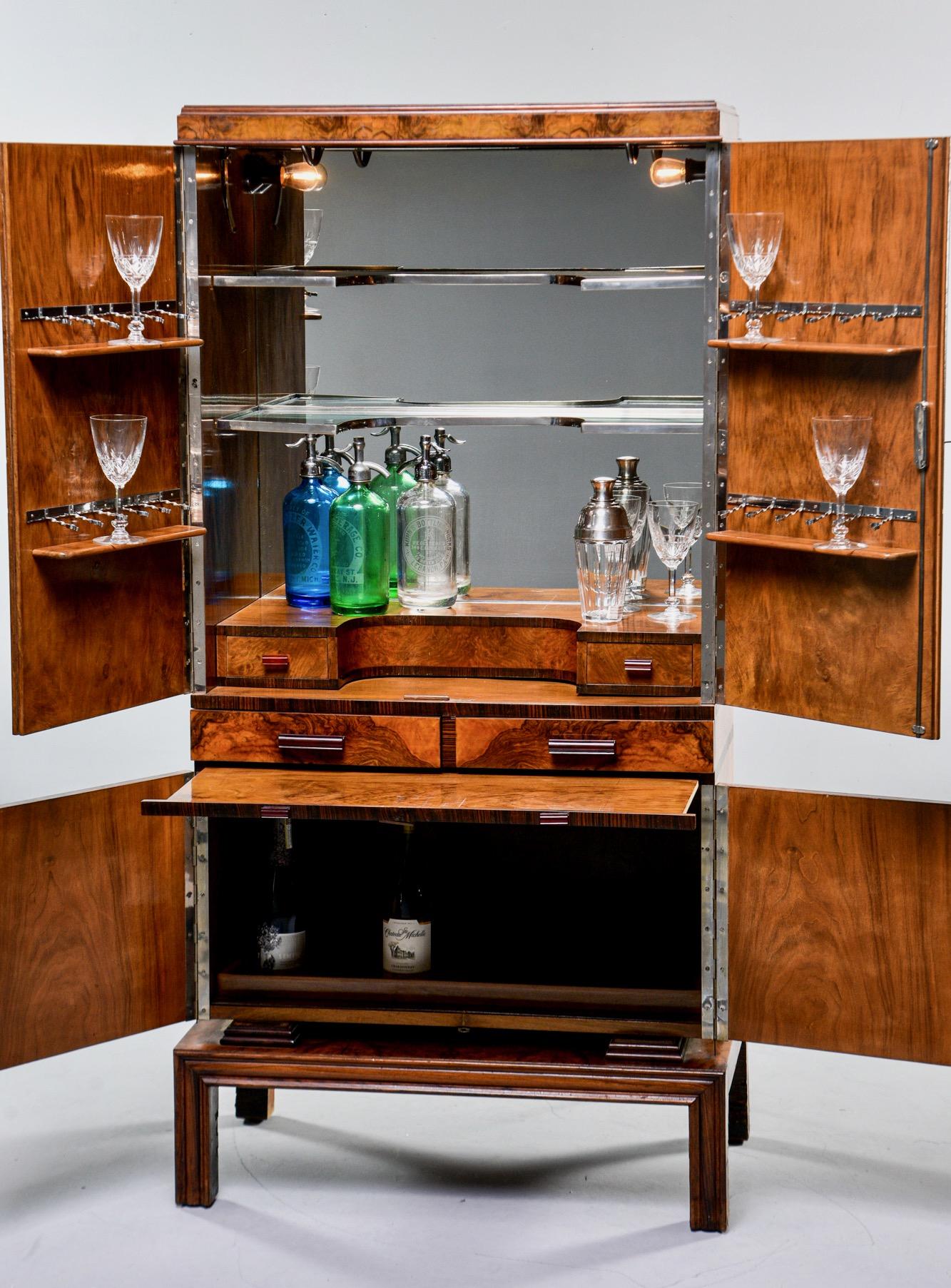 Tall Italian Art Deco Bar Cabinet with Marquetry and Mirrored Interior 1