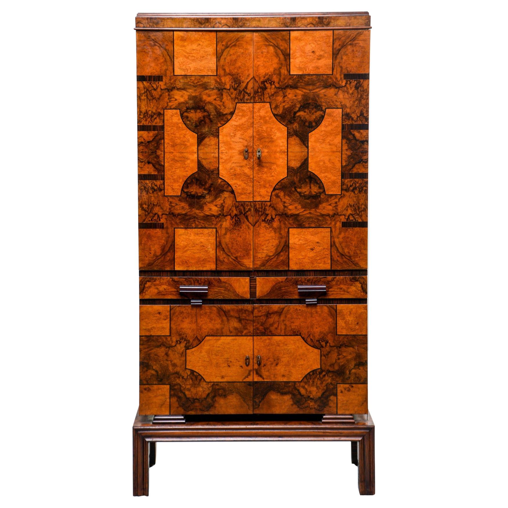 Tall Italian Art Deco Bar Cabinet with Marquetry and Mirrored Interior