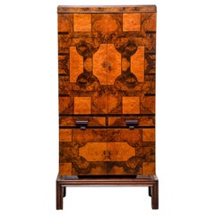 Tall Italian Art Deco Bar Cabinet with Marquetry and Mirrored Interior