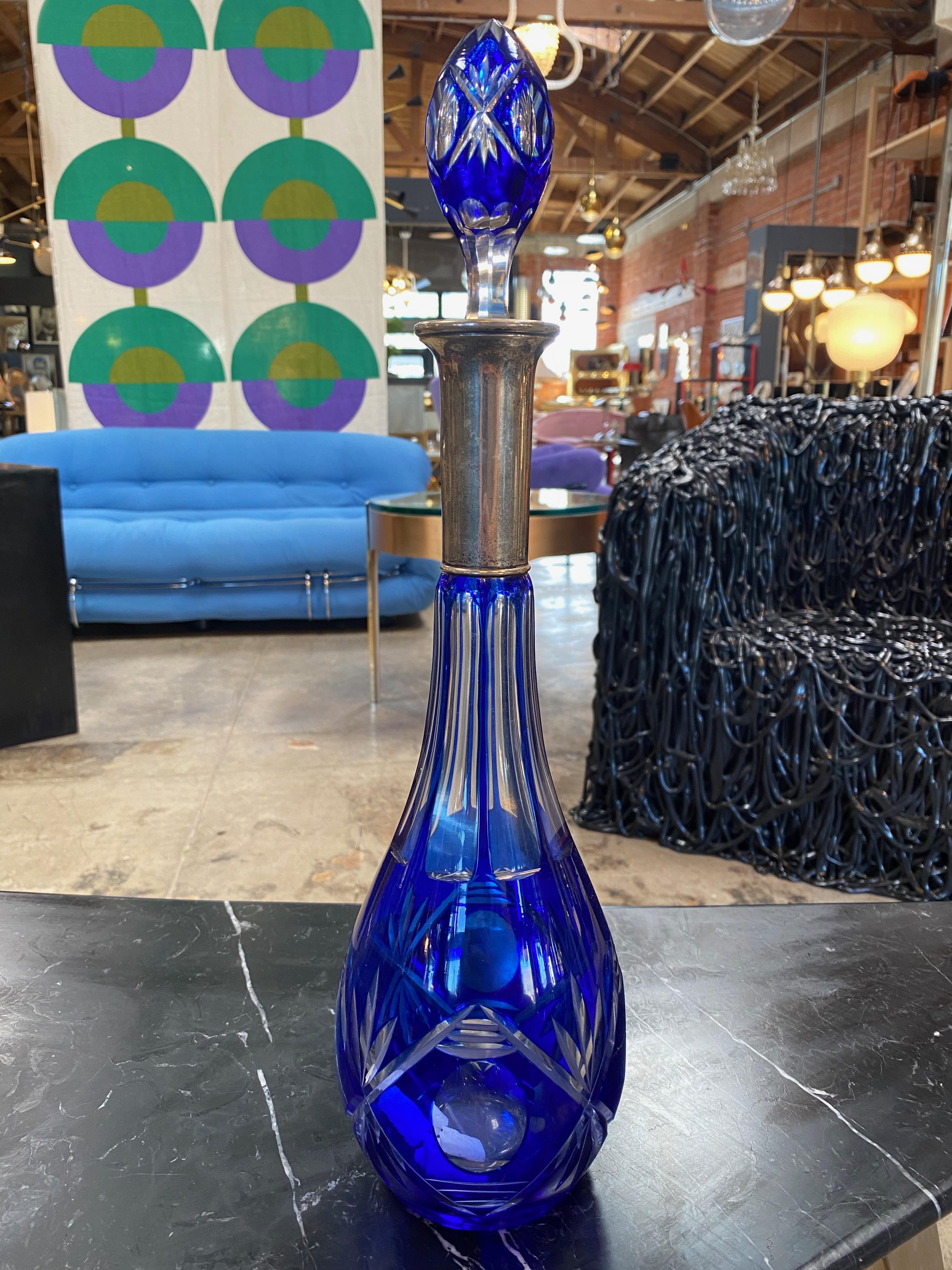 Tall Italian Art Nouveau Emerald Glass Silver Overlay Blue Decanter, 1938 In Good Condition For Sale In Los Angeles, CA