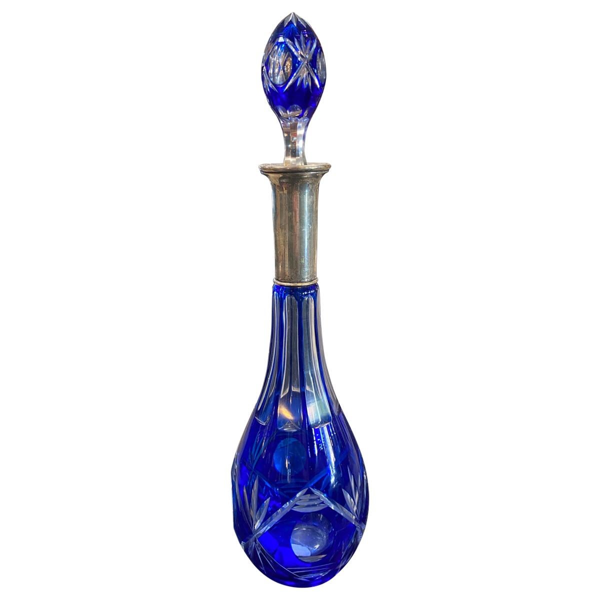 Tall Italian Art Nouveau Emerald Glass Silver Overlay Blue Decanter, 1938 For Sale