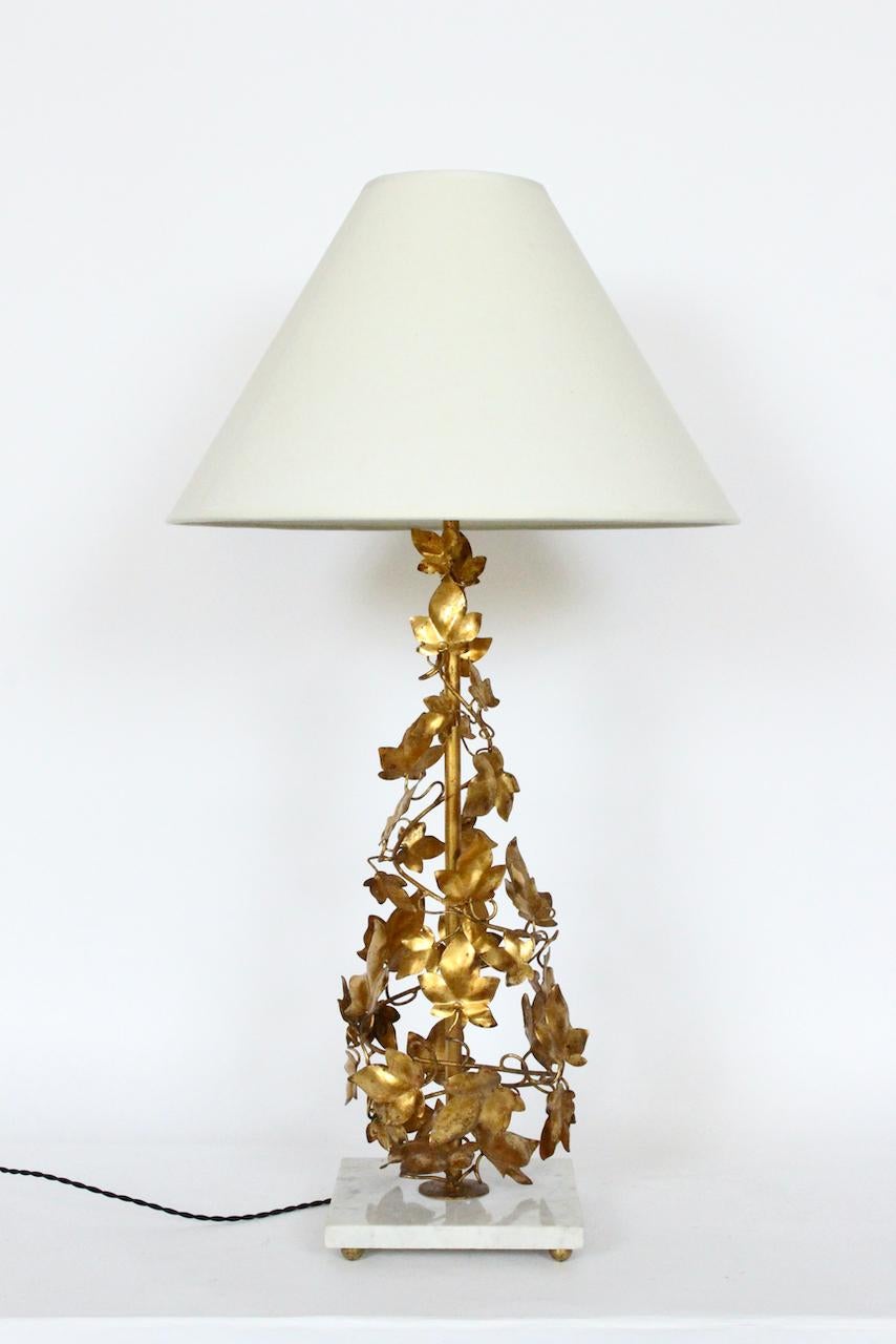 Tall Italian Gilt Foliate Tole & Marble Base Table Lamp, circa 1960 For Sale 12