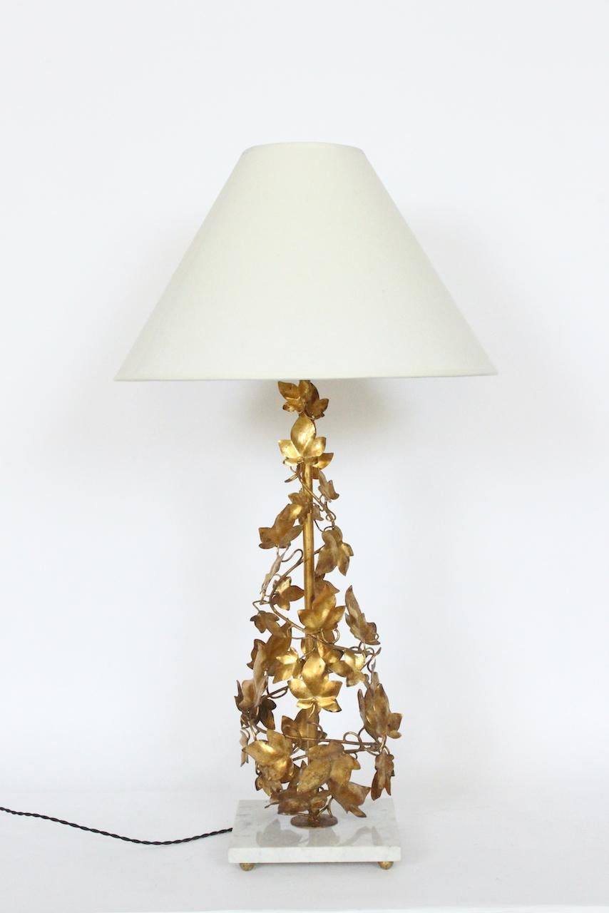 Tall Italian Gilt Foliate Tole & Marble Base Table Lamp, circa 1960 For Sale 13