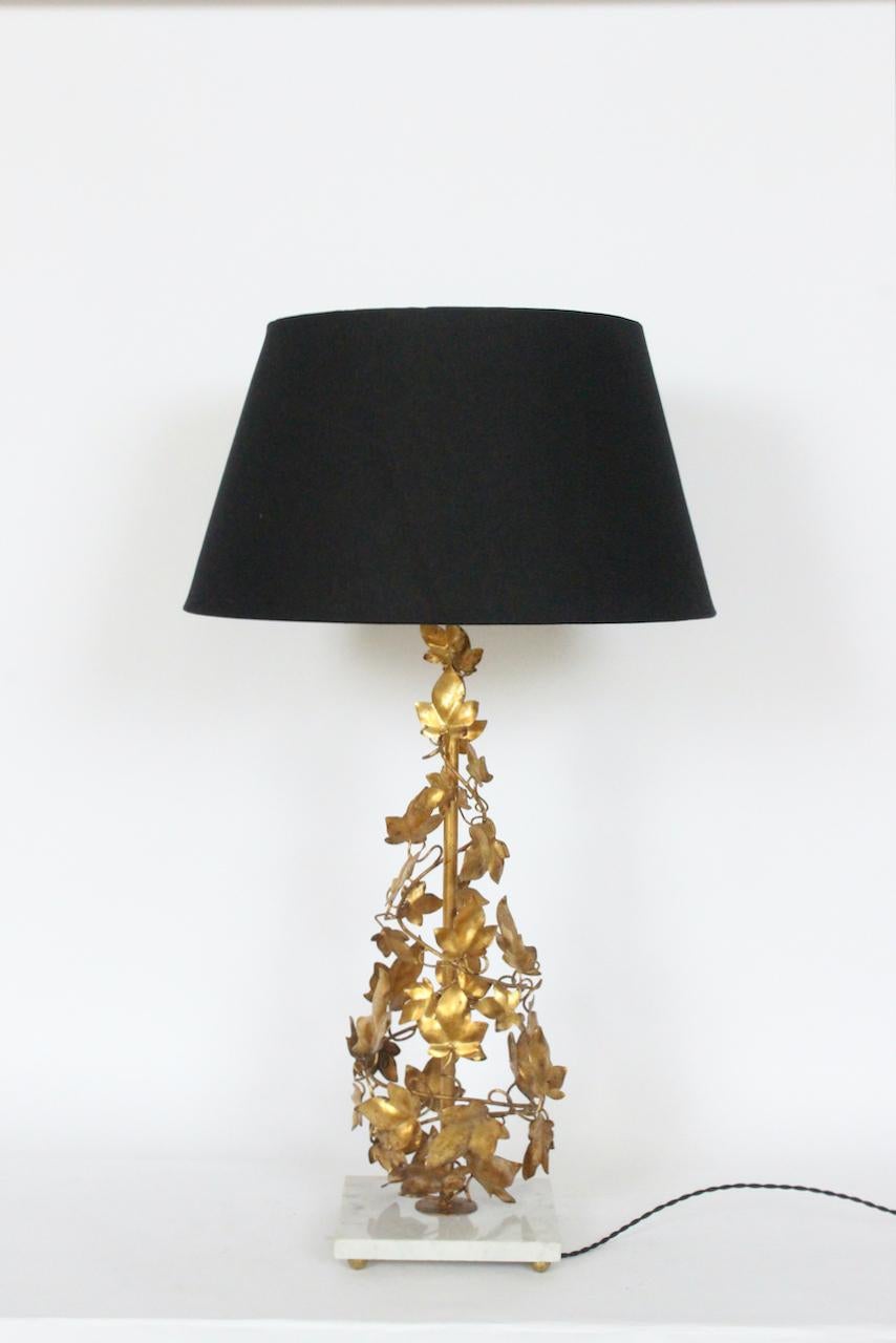 Mid-Century Modern Tall Italian Gilt Foliate Tole & Marble Base Table Lamp, circa 1960 For Sale
