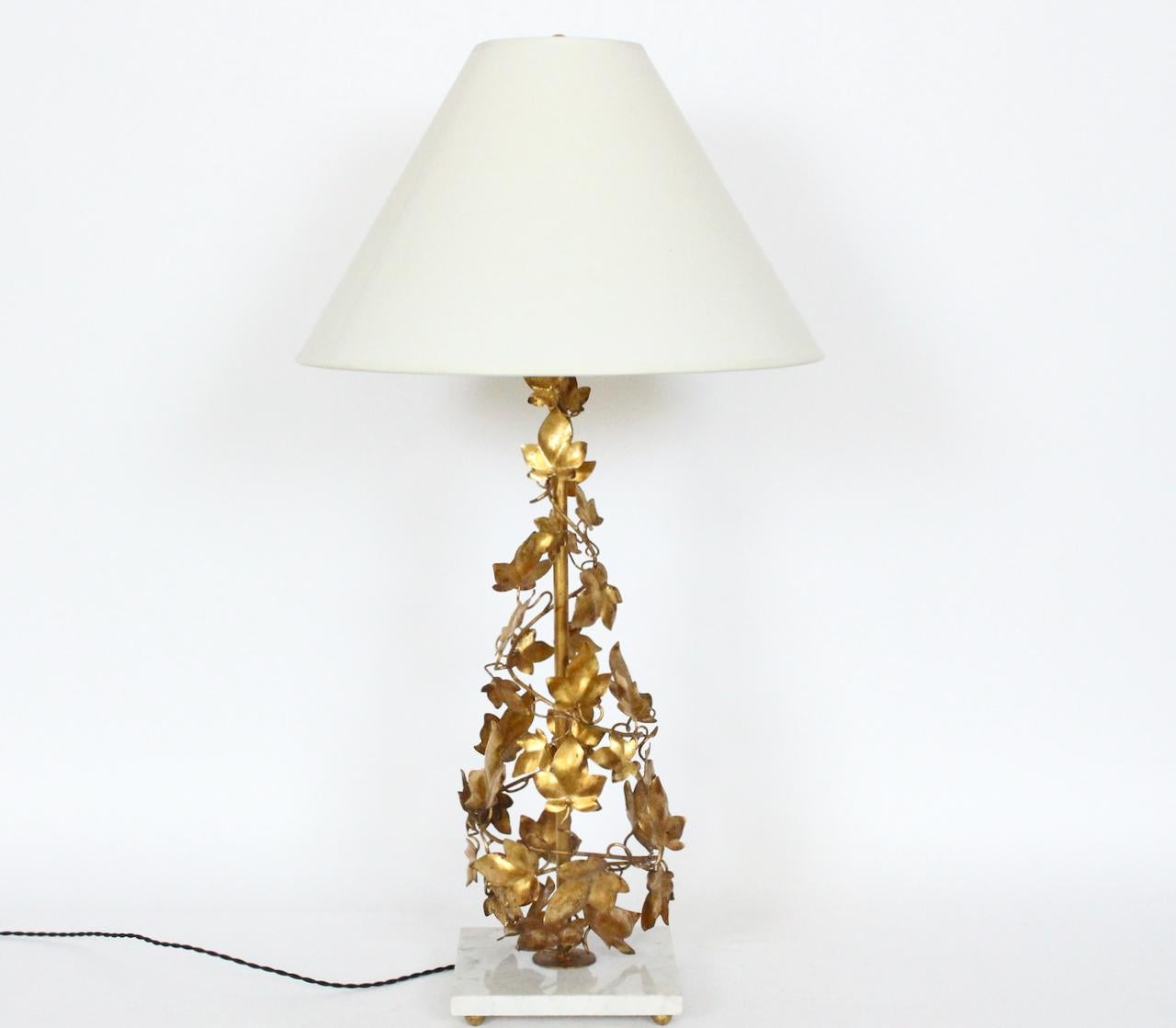 Tall Italian Gilt Foliate Tole & Marble Base Table Lamp, circa 1960 For Sale 1