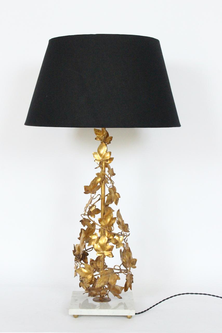 Tall Italian Gilt Foliate Tole & Marble Base Table Lamp, circa 1960 For Sale 2
