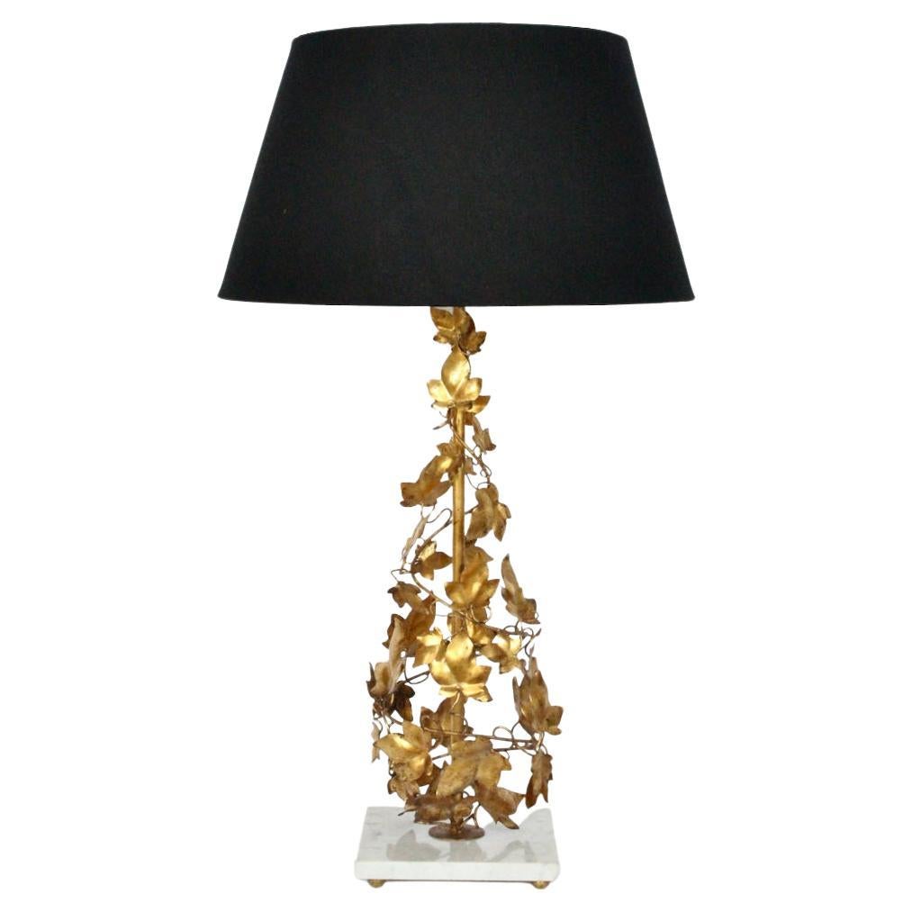 Tall Italian Gilt Foliate Tole & Marble Base Table Lamp, circa 1960 For Sale