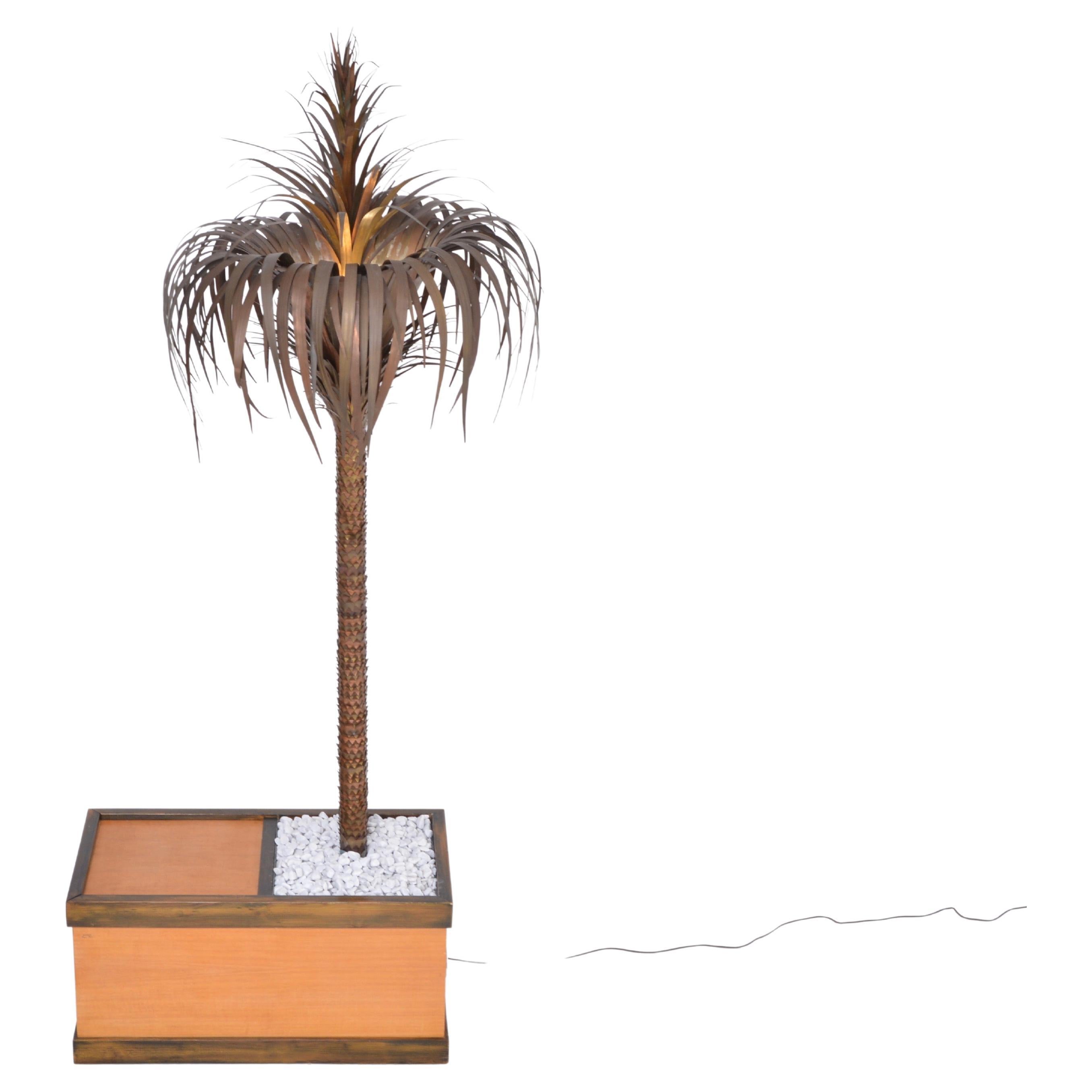 Grande lampe italienne Hollywood Regency en forme de palmier en laiton et bois avec armoire en vente