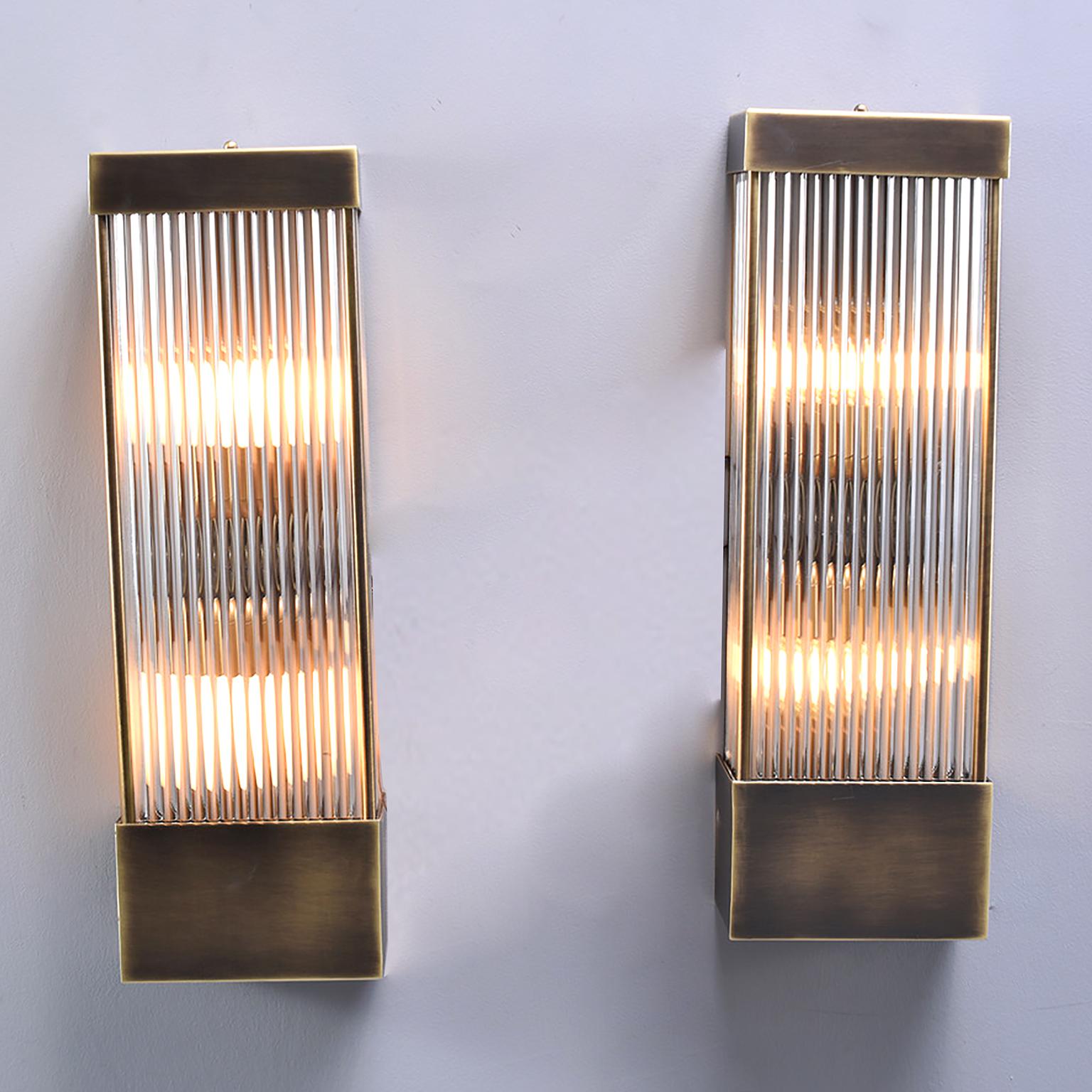 Tall Italian Mid Century Dark Brass and Ribbed Glass Sconces 5