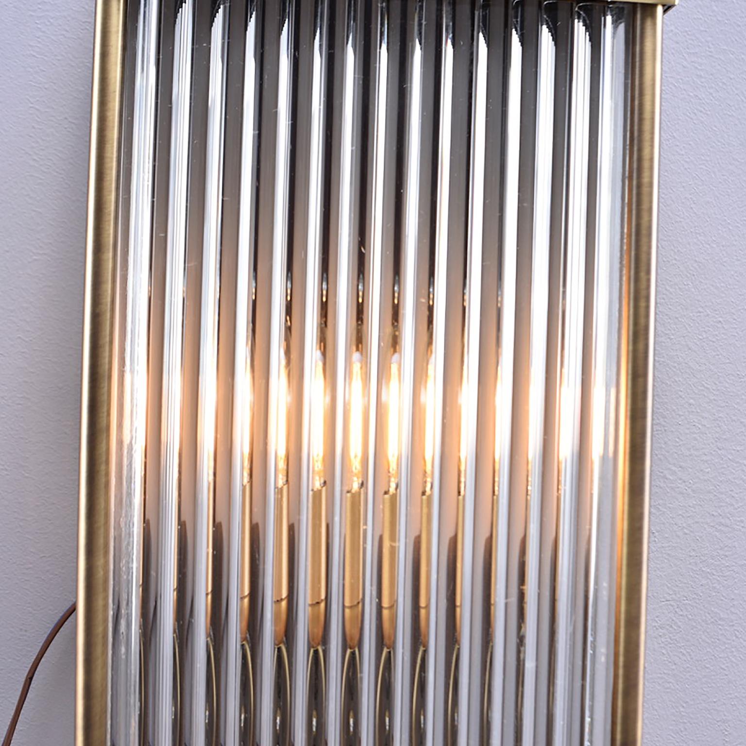 Tall Italian Mid Century Dark Brass and Ribbed Glass Sconces 6