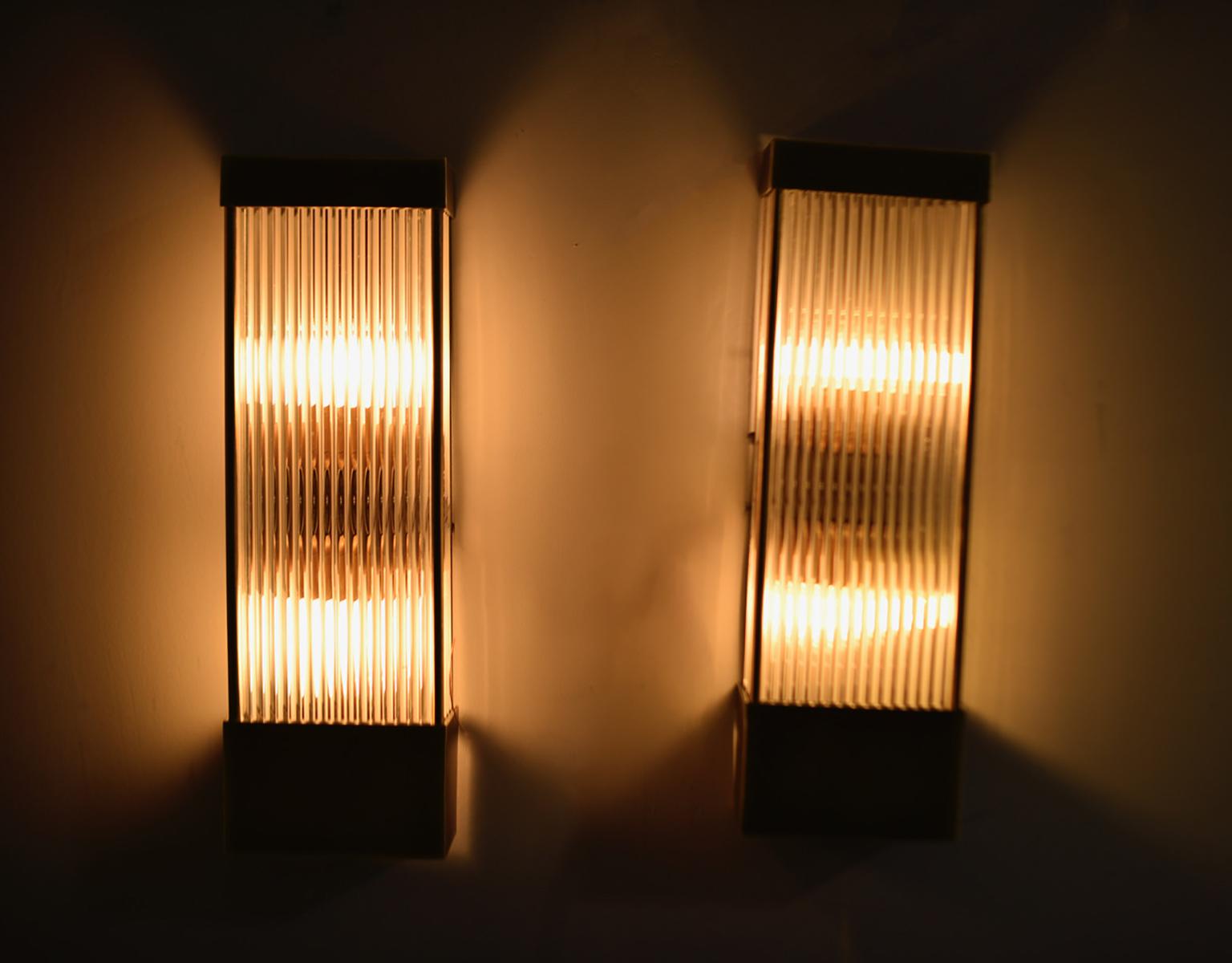 Tall Italian Mid Century Dark Brass and Ribbed Glass Sconces 7