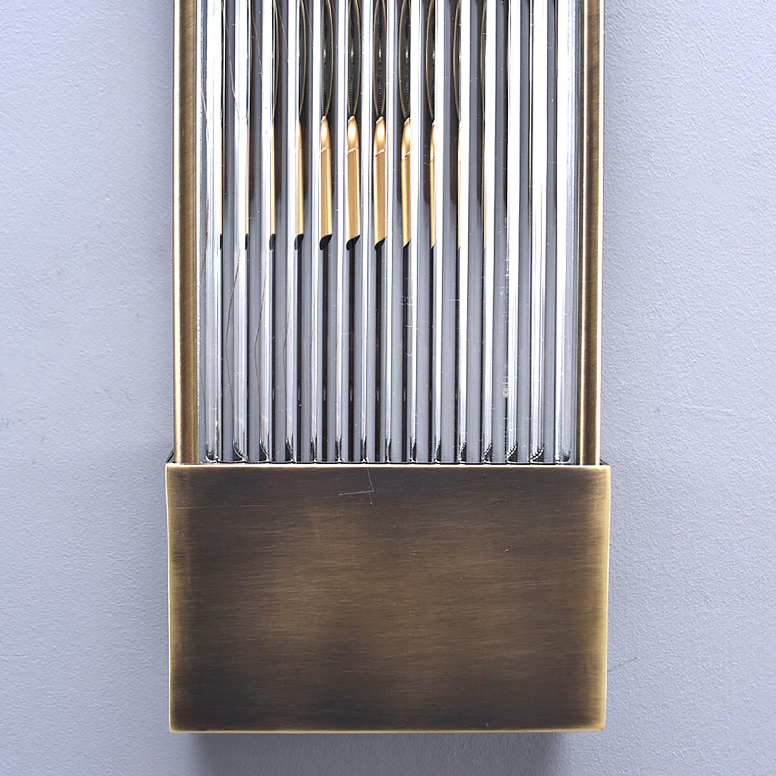 Tall Italian Mid Century Dark Brass and Ribbed Glass Sconces In Good Condition In Troy, MI