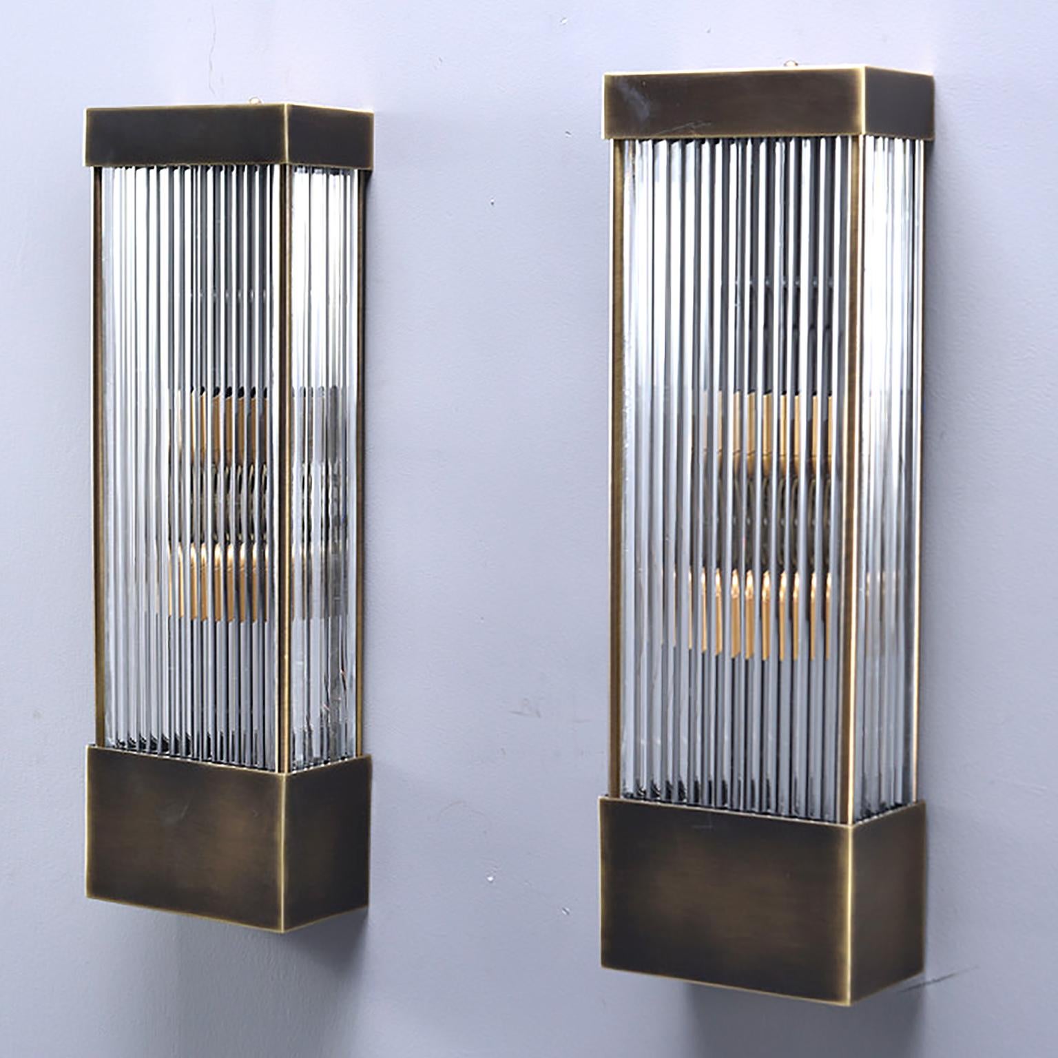 20th Century Tall Italian Mid Century Dark Brass and Ribbed Glass Sconces