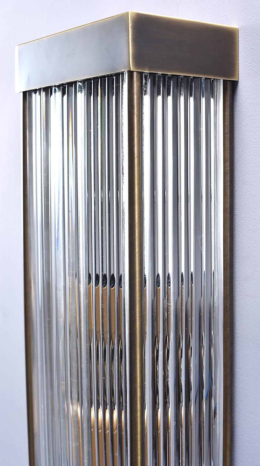 Tall Italian Mid Century Dark Brass and Ribbed Glass Sconces 1
